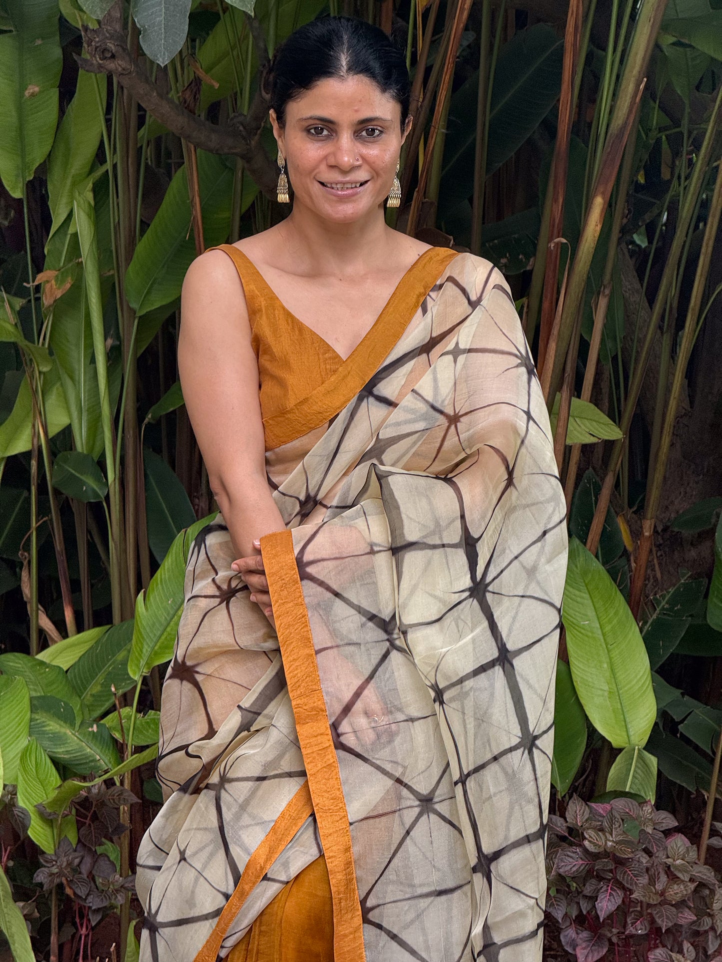 Handloom Organza Silk Saree in Handmade Itajime Shibori With Mulberry Silk Borders.