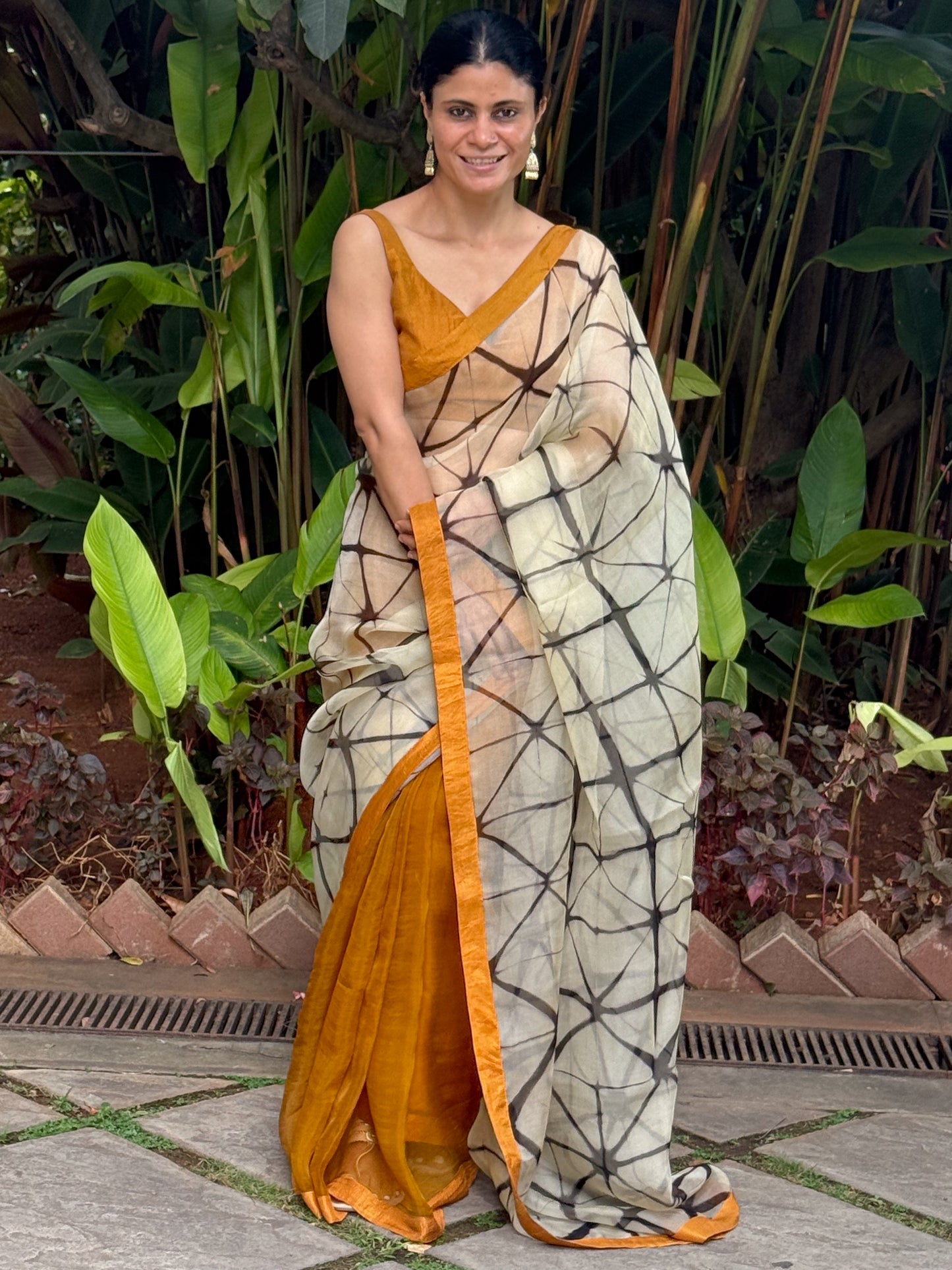 Handloom Organza Silk Saree in Handmade Itajime Shibori With Mulberry Silk Borders.
