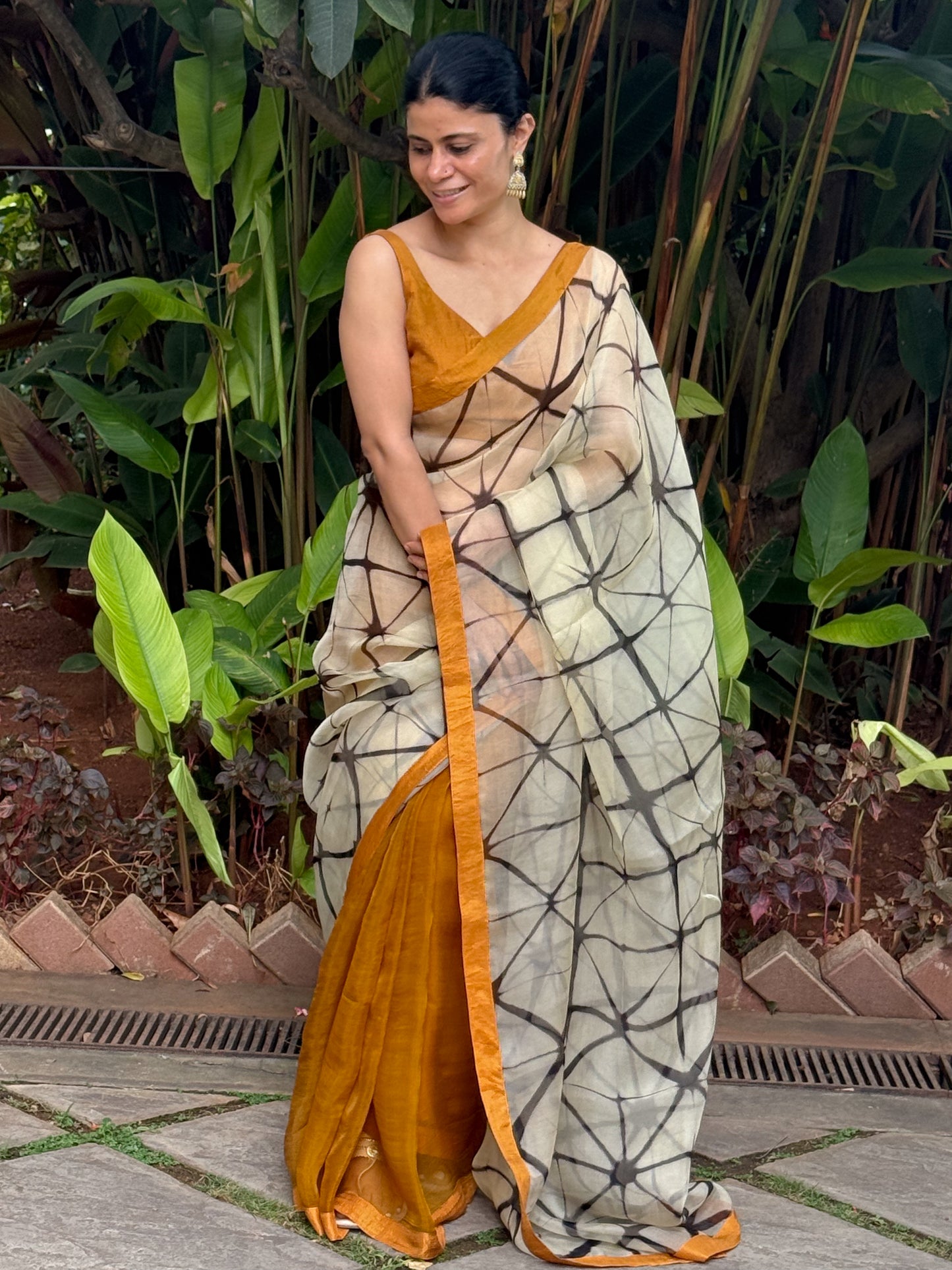 Handloom Organza Silk Saree in Handmade Itajime Shibori With Mulberry Silk Borders.