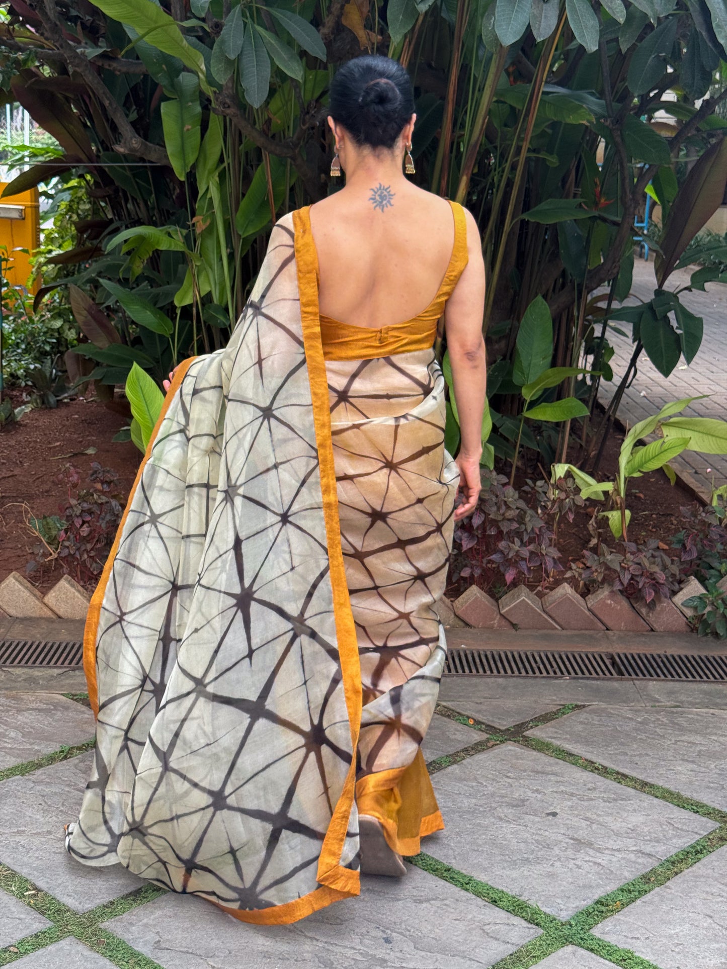 Handloom Organza Silk Saree in Handmade Itajime Shibori With Mulberry Silk Borders.