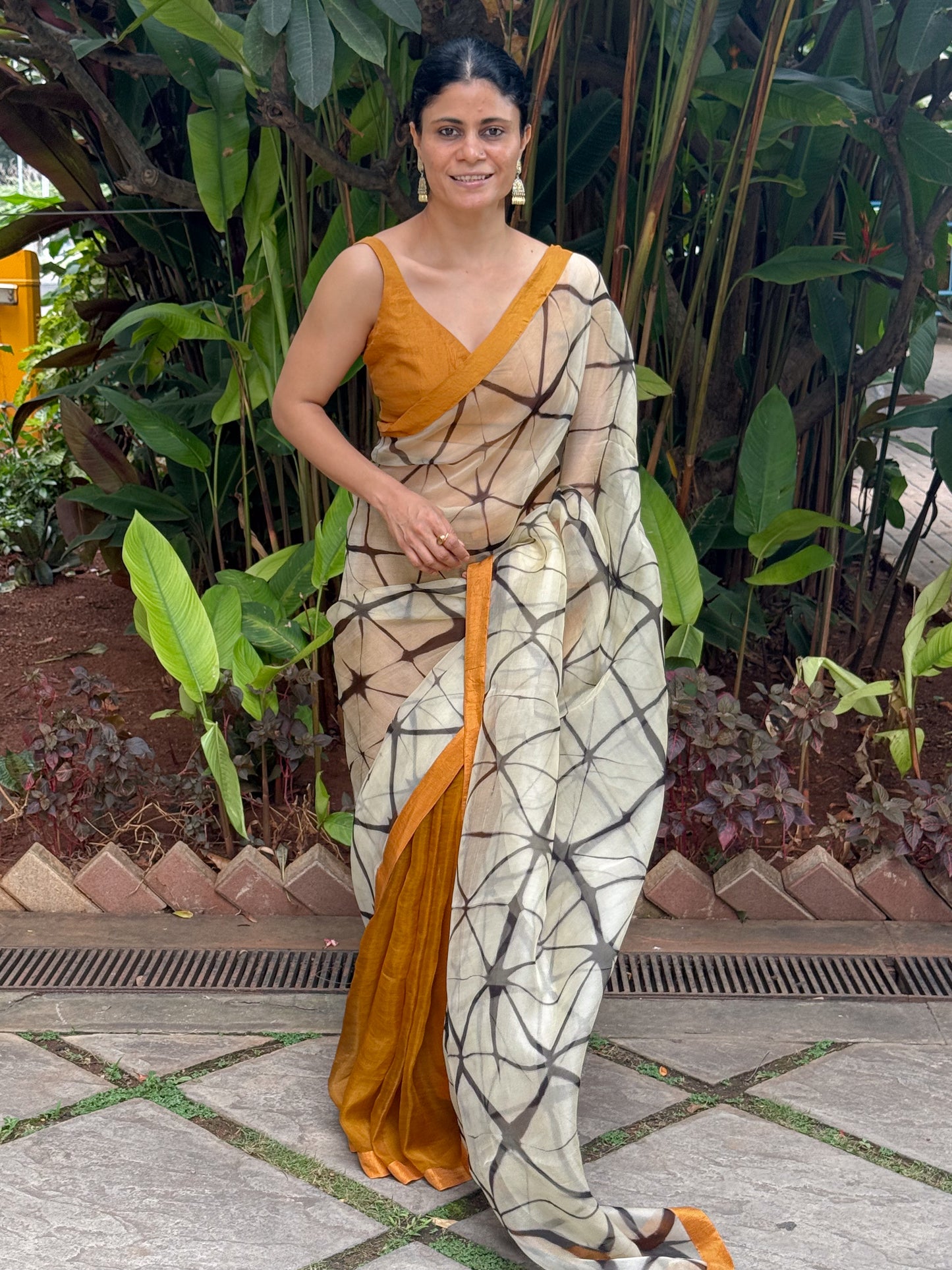 Handloom Organza Silk Saree in Handmade Itajime Shibori With Mulberry Silk Borders.