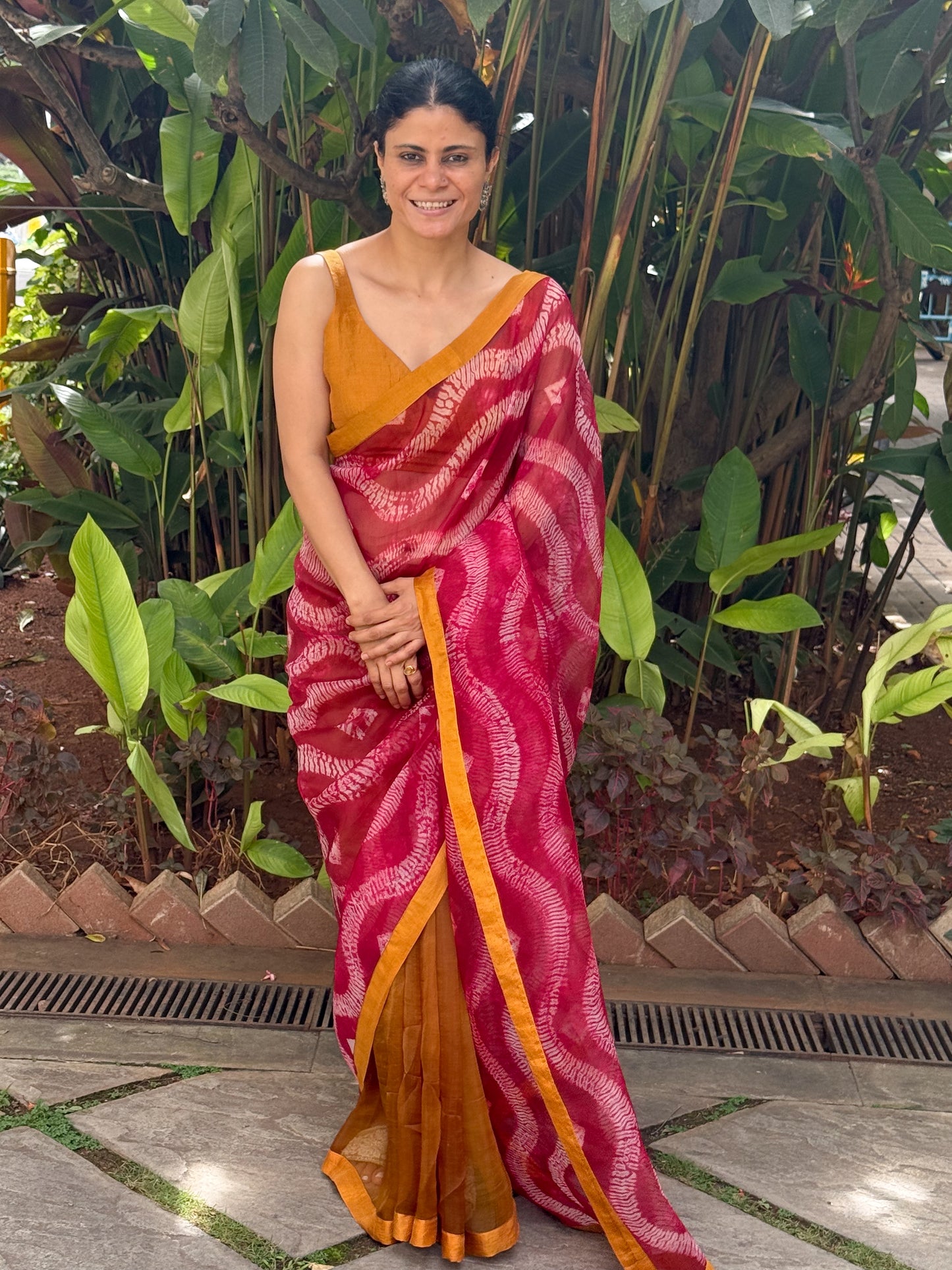Handloom Organza Silk Saree in Handmade Ori Nui Shibori With Mulberry Silk Borders.
