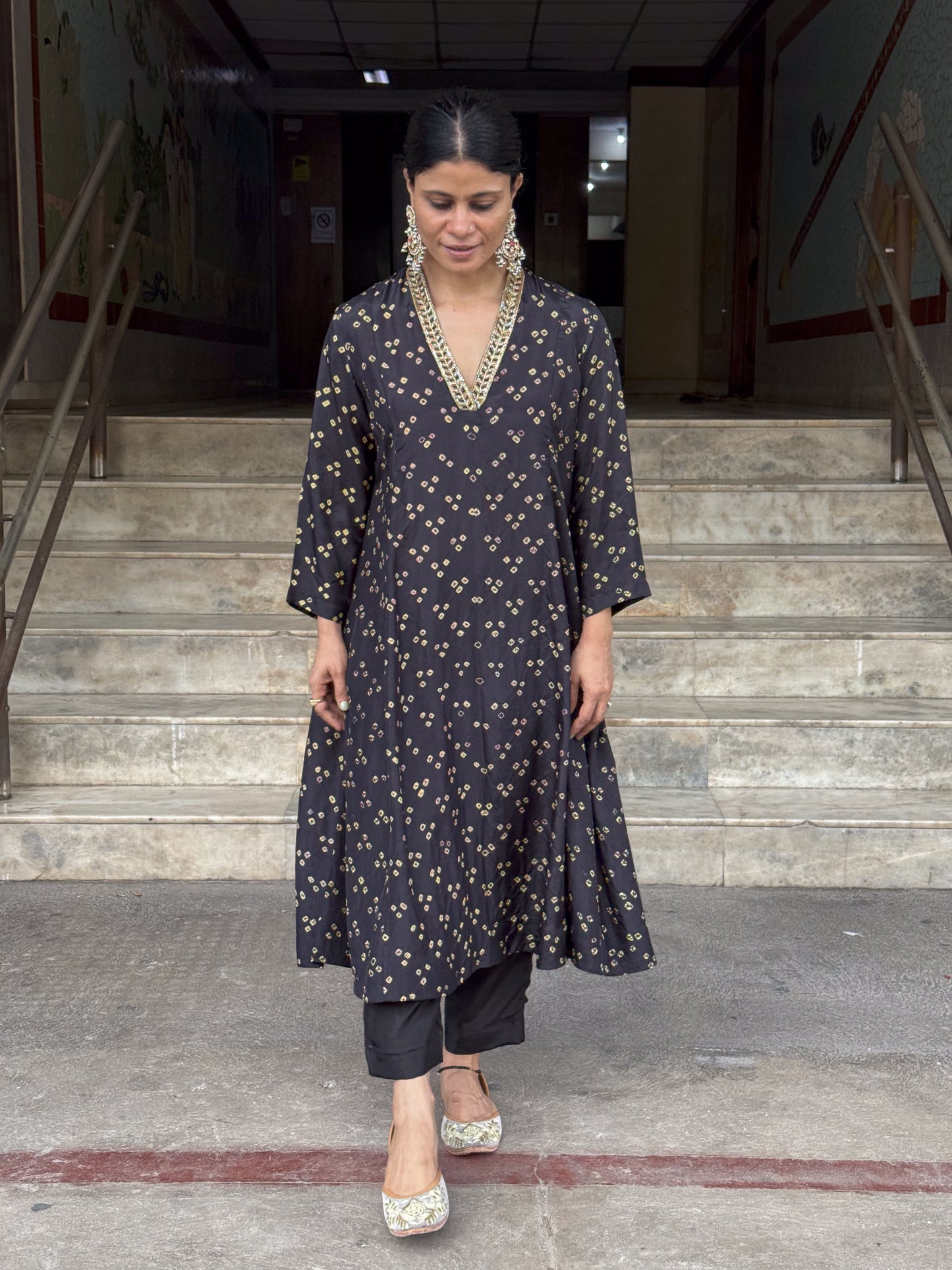 Handmade & Handembroidered Bandhini Silk Kurta set
