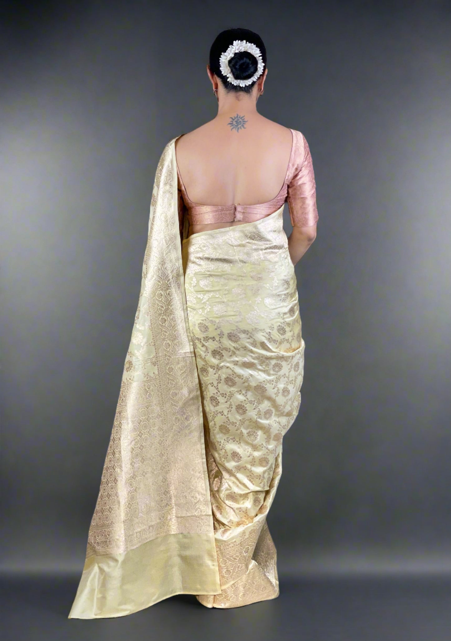 Cream Colour Pure Handloom Cutwork Katan Silk Saree.