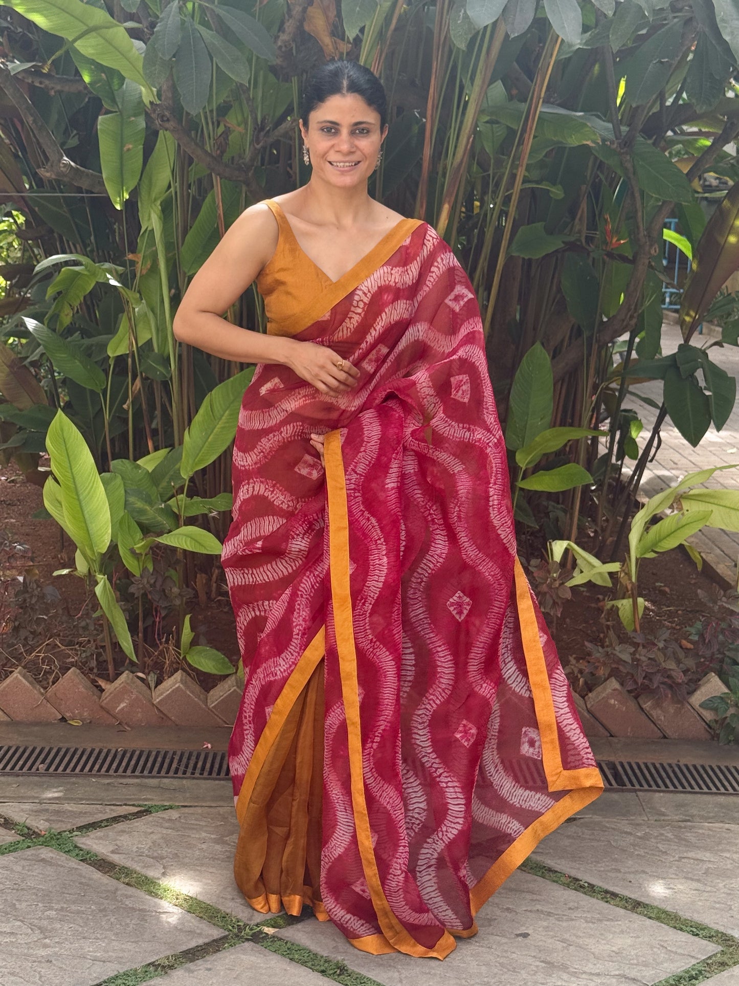 Handloom Organza Silk Saree in Handmade Ori Nui Shibori With Mulberry Silk Borders.