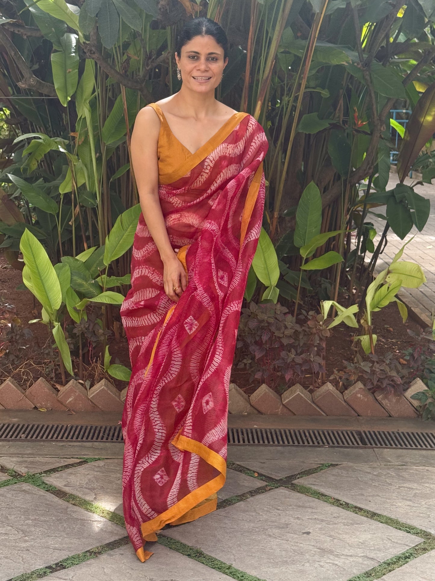 Handloom Organza Silk Saree in Handmade Ori Nui Shibori With Mulberry Silk Borders.