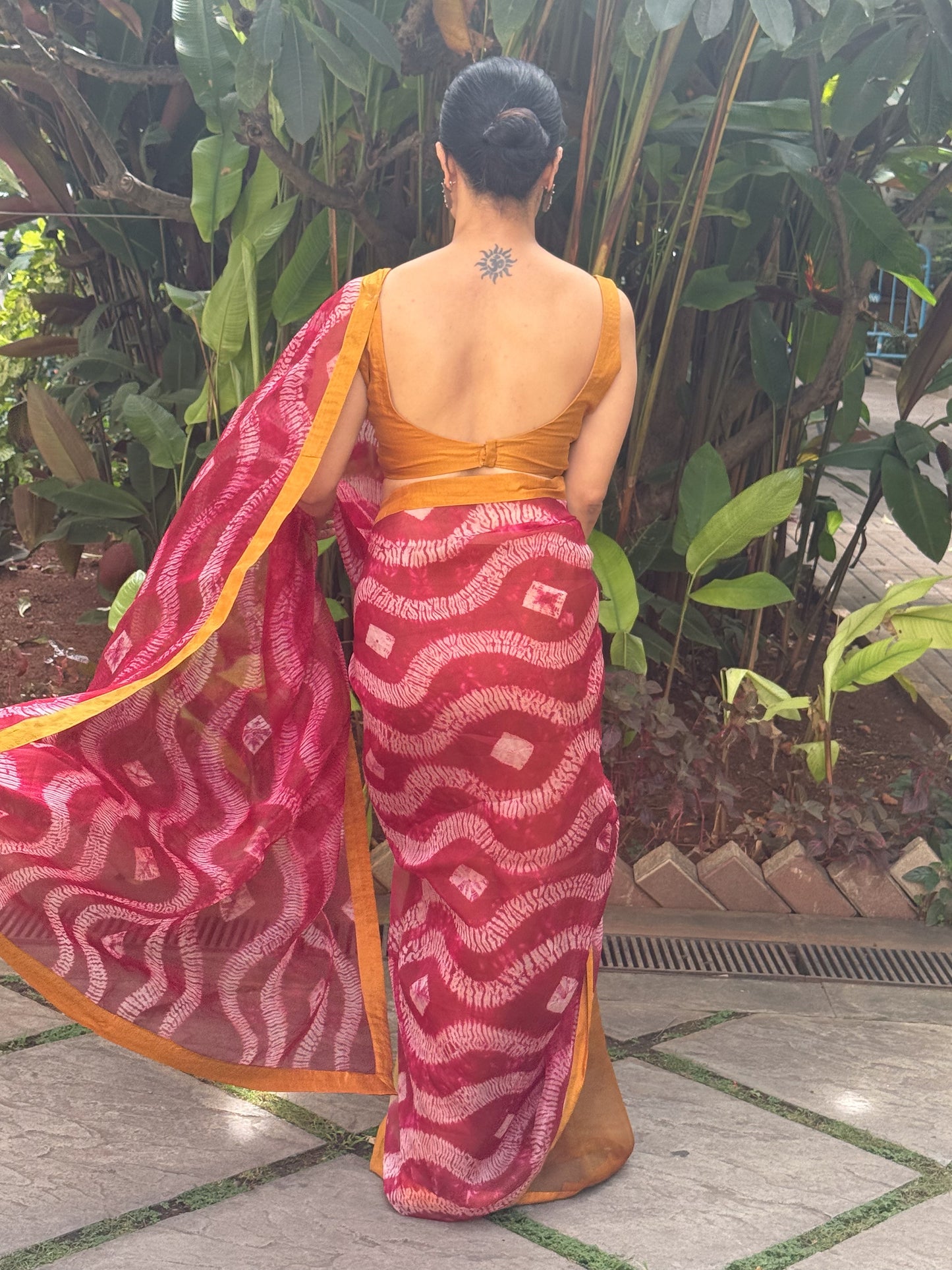 Handloom Organza Silk Saree in Handmade Ori Nui Shibori With Mulberry Silk Borders.