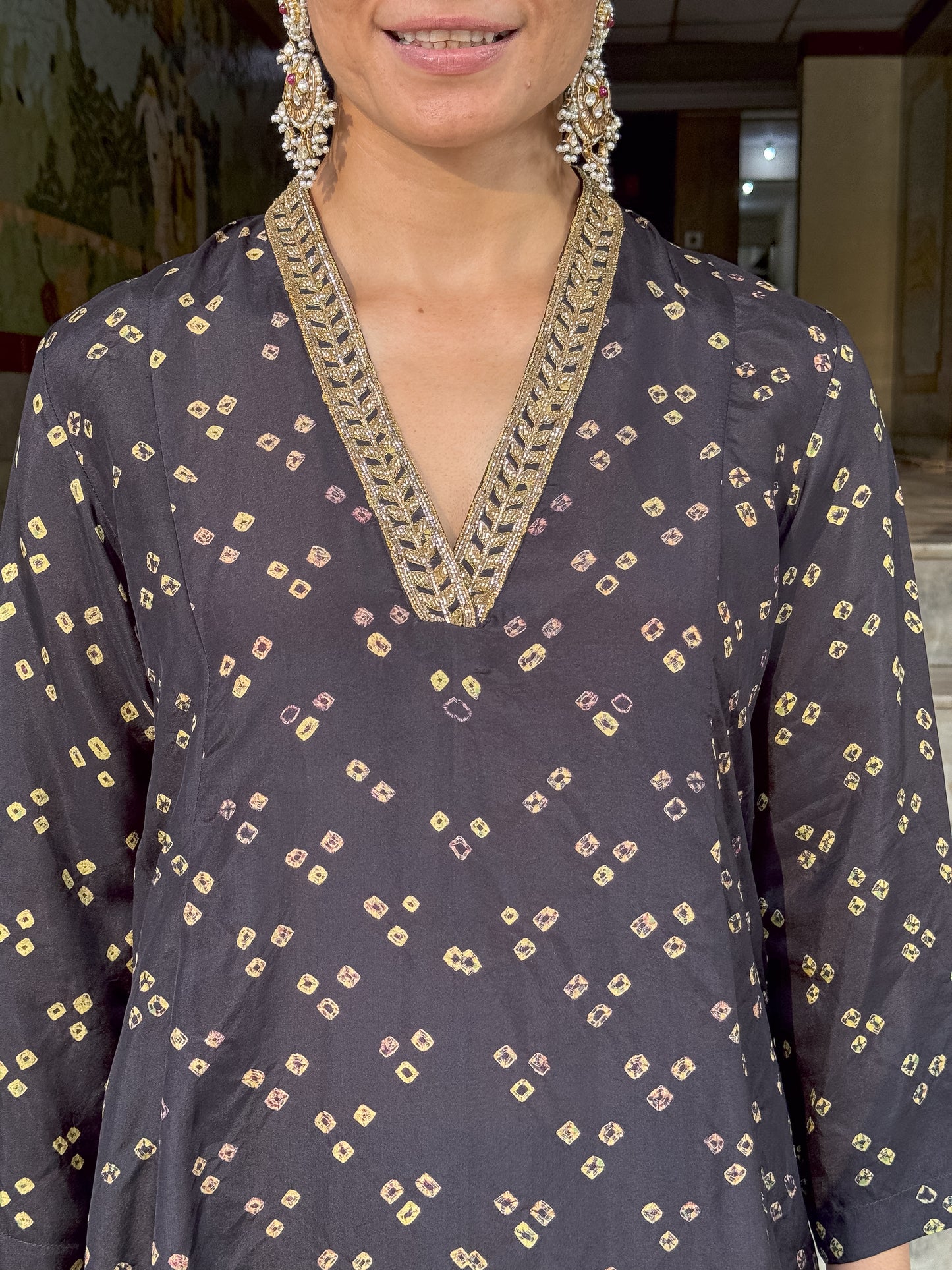 Handmade & Handembroidered Bandhini Silk Kurta set