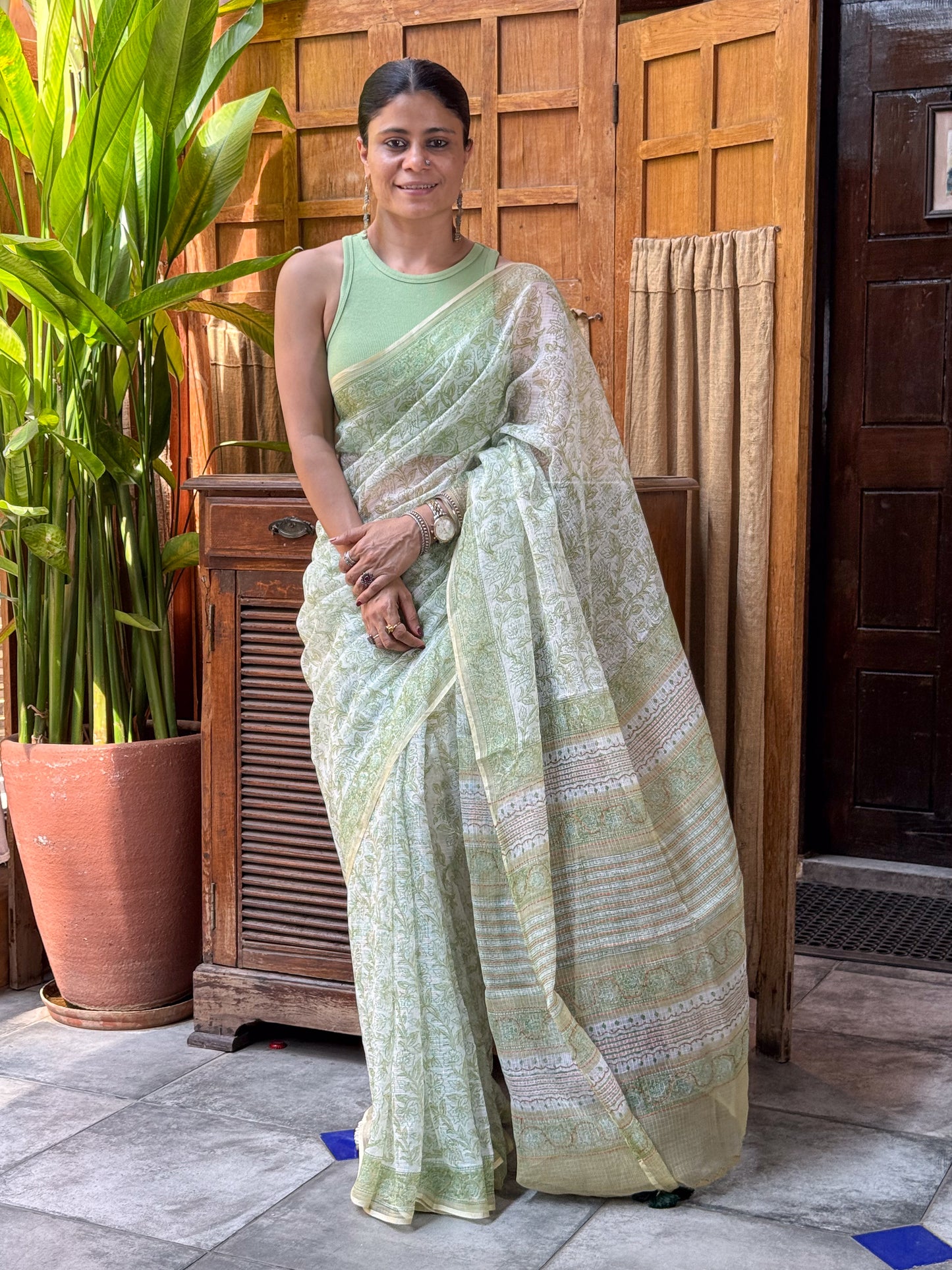 Handblock Printed Kota Dorai Saree With Hand Embroidered Running Stitch.