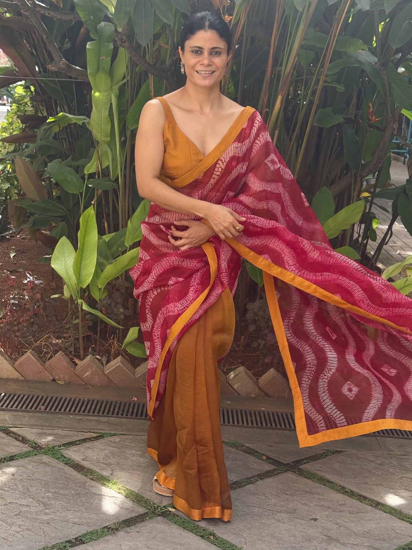 Handloom Organza Silk Saree in Handmade Ori Nui Shibori With Mulberry Silk Borders.
