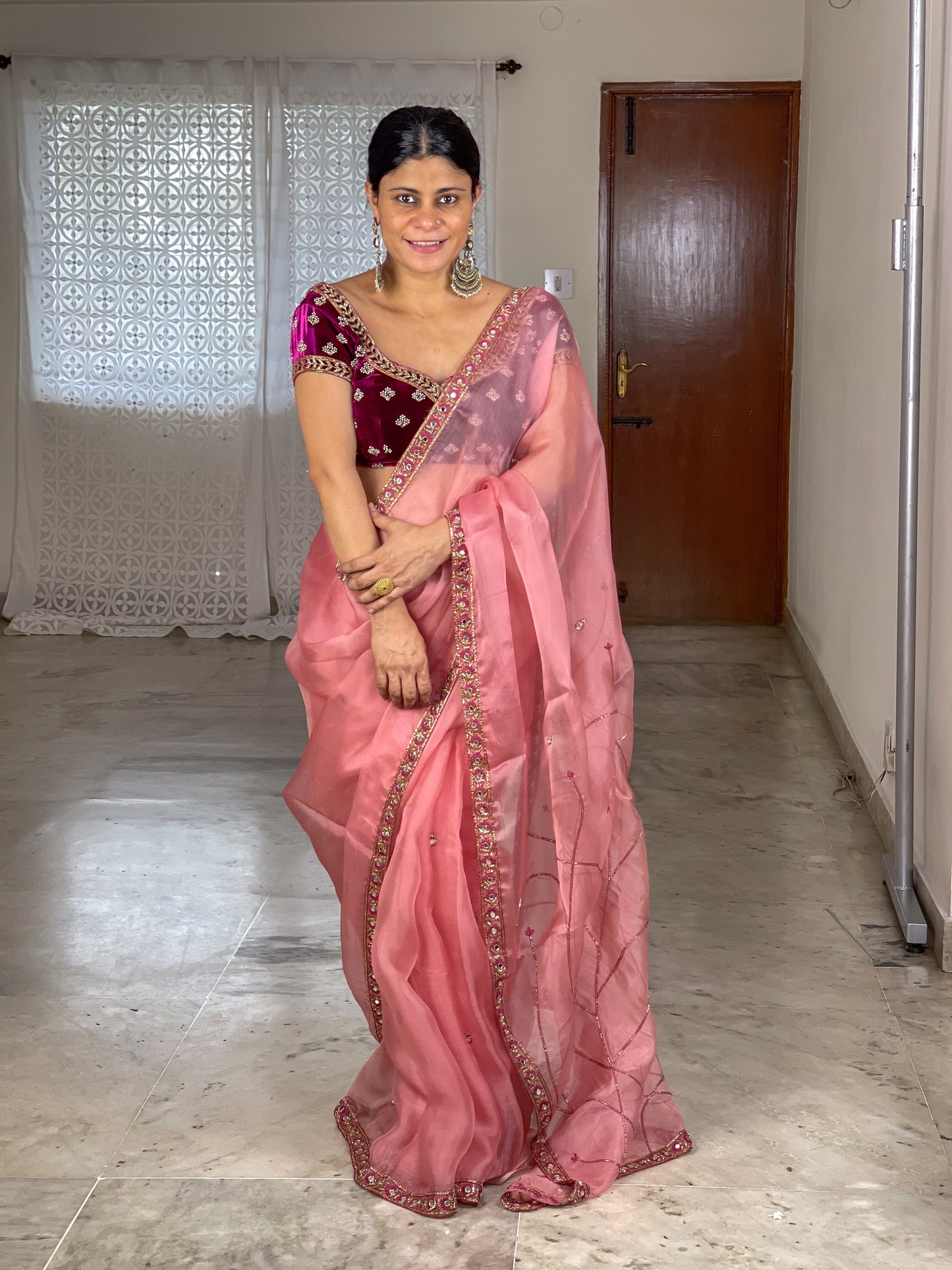 f Zardosi and Sequence and Beads Hand Embroidered Handloom Organza Silk Saree