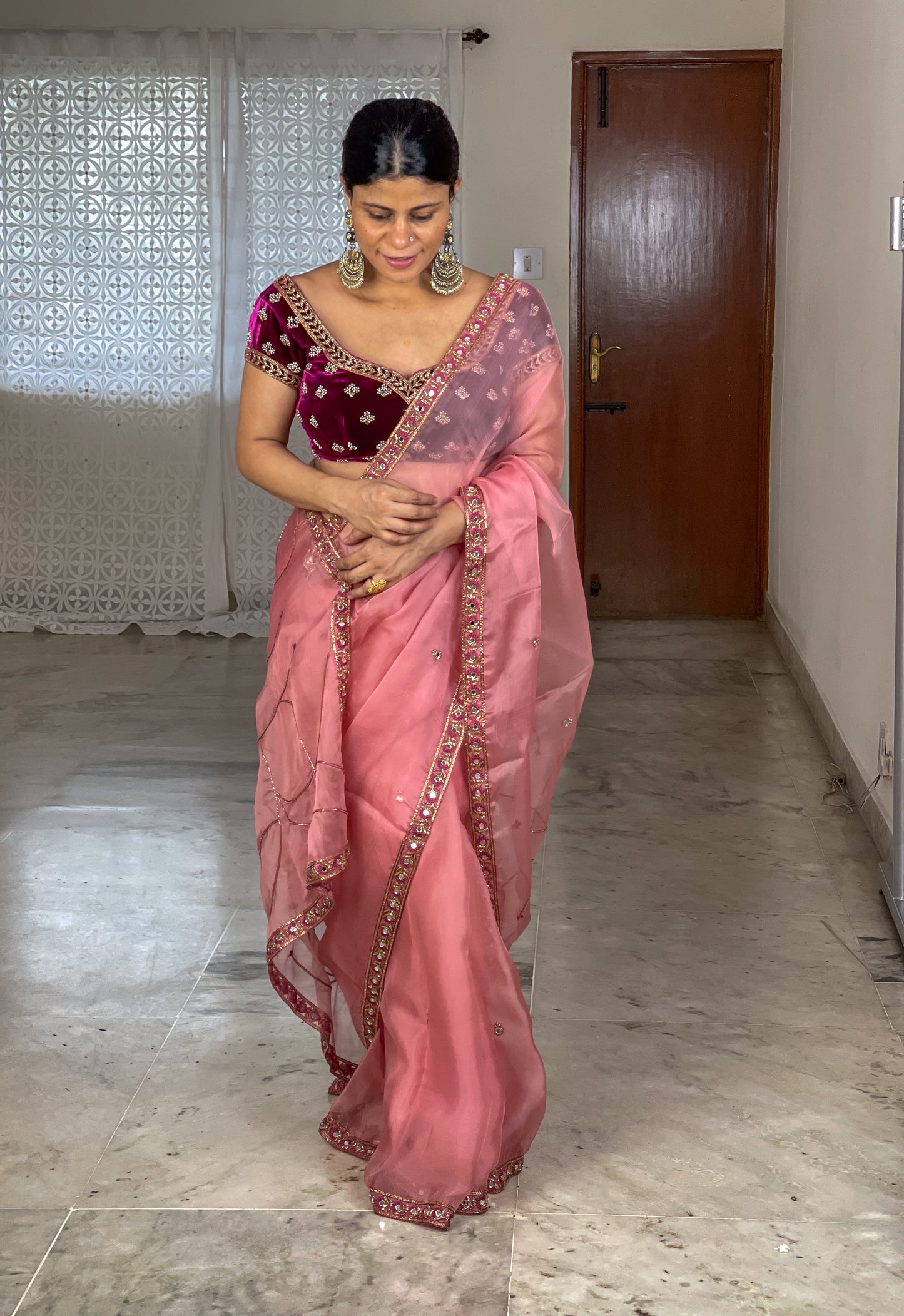 f Zardosi and Sequence and Beads Hand Embroidered Handloom Organza Silk Saree