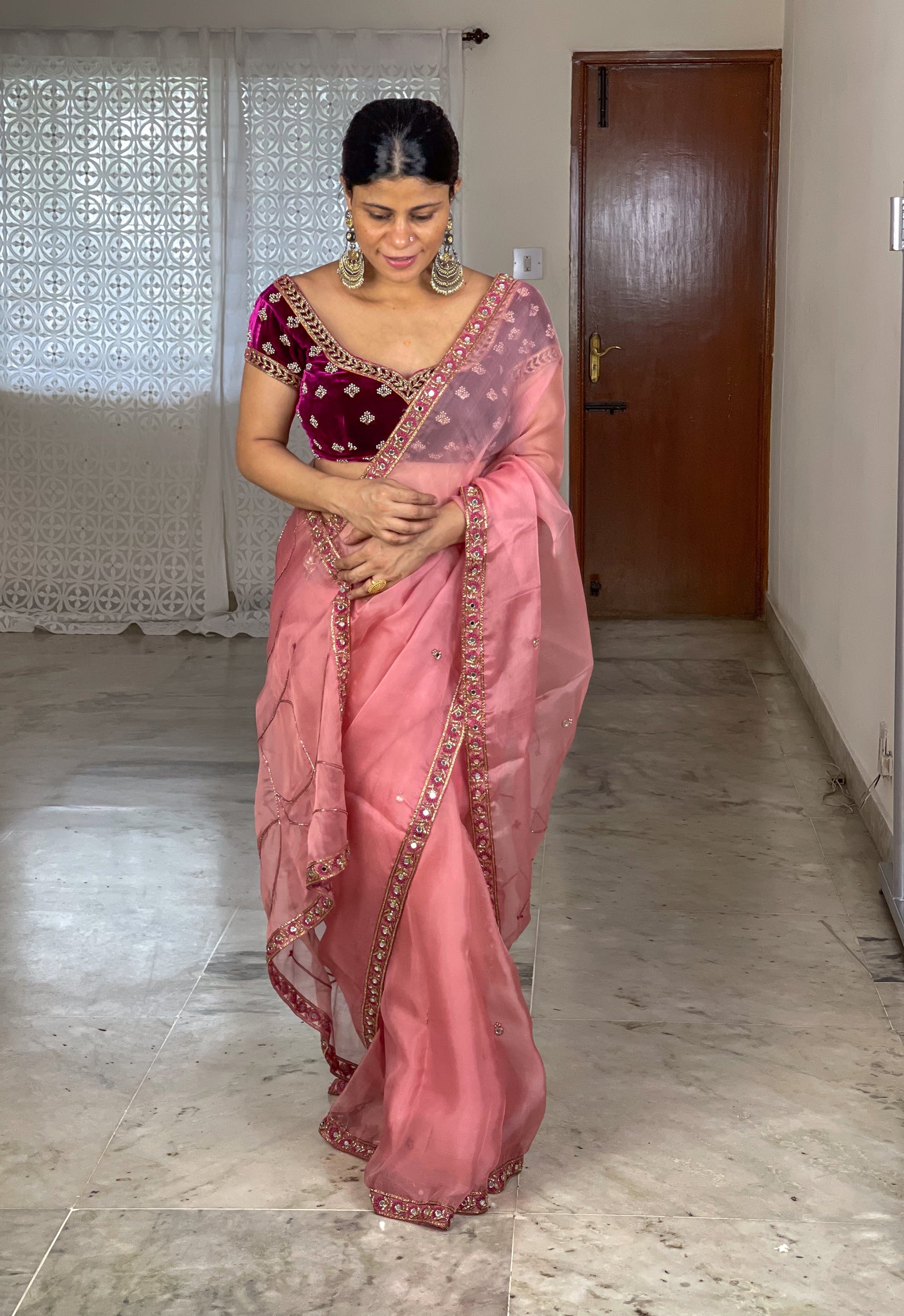 f Zardosi and Sequence and Beads Hand Embroidered Handloom Organza Silk Saree