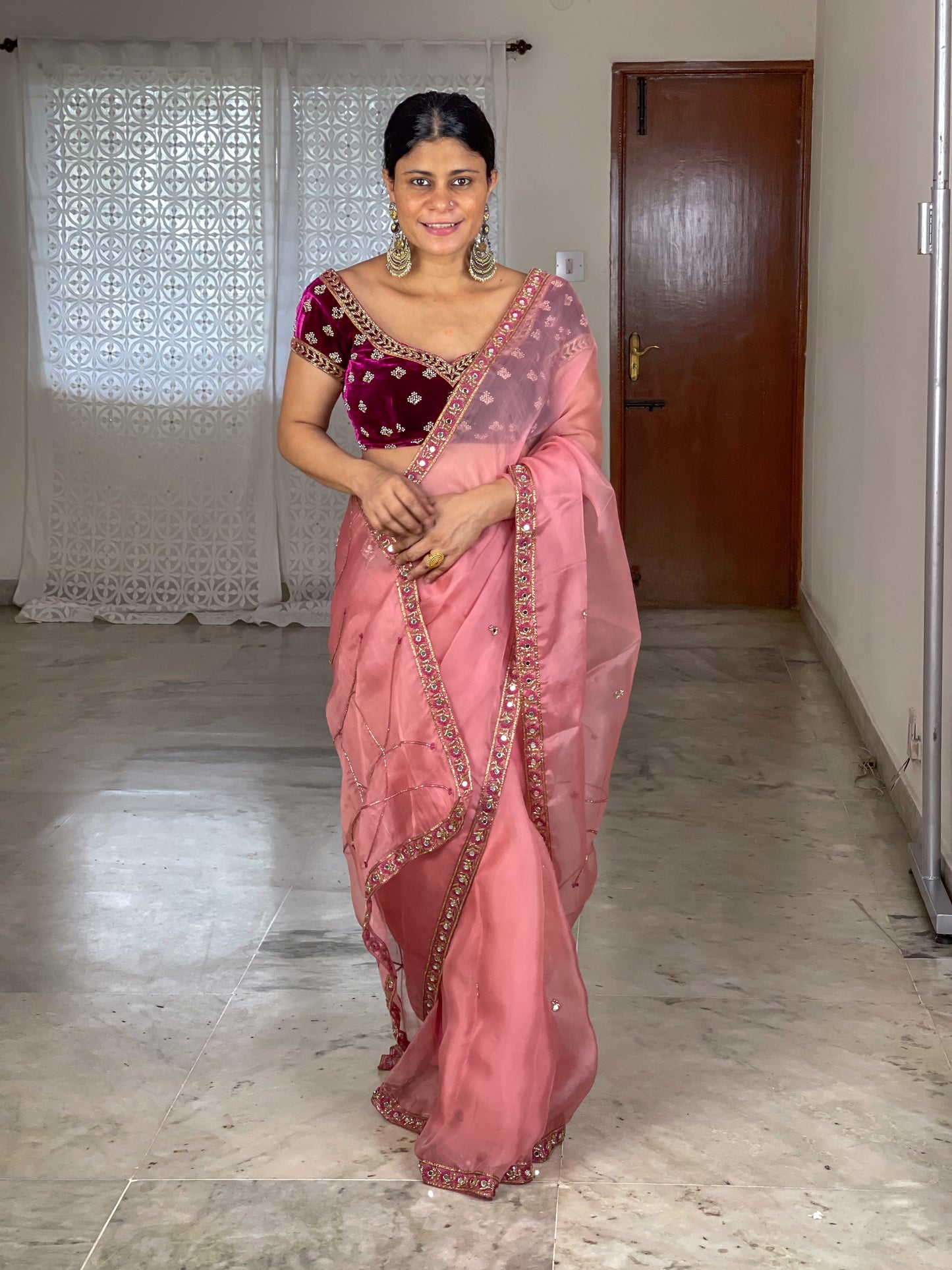 f Zardosi and Sequence and Beads Hand Embroidered Handloom Organza Silk Saree