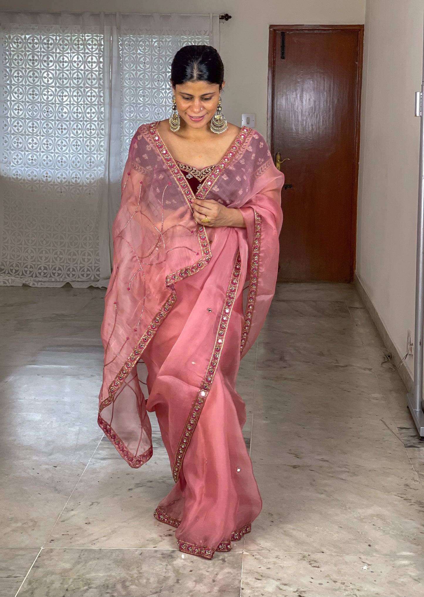f Zardosi and Sequence and Beads Hand Embroidered Handloom Organza Silk Saree