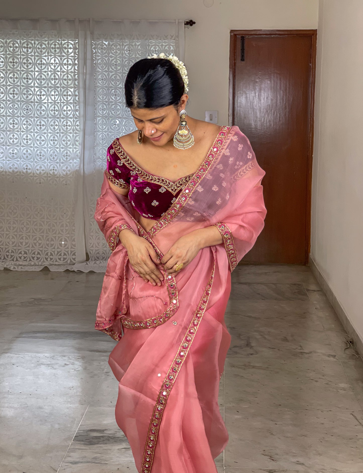 f Zardosi and Sequence and Beads Hand Embroidered Handloom Organza Silk Saree
