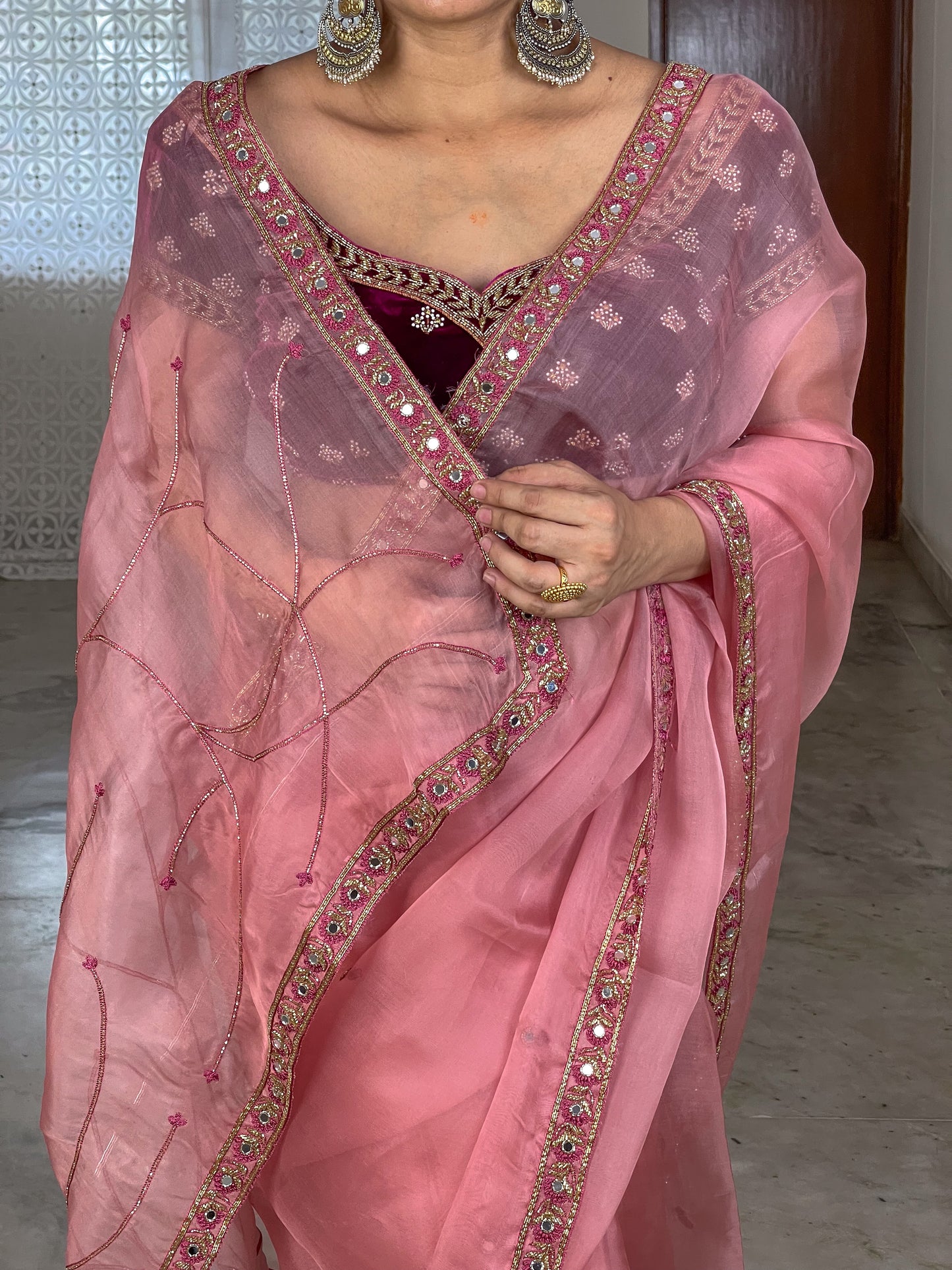 f Zardosi and Sequence and Beads Hand Embroidered Handloom Organza Silk Saree