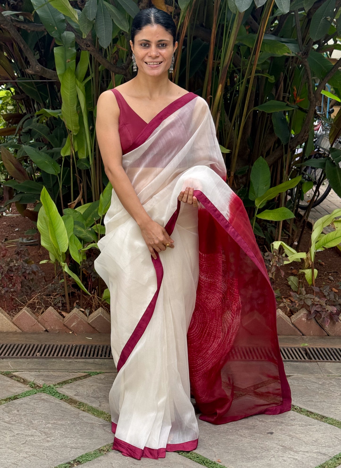 Handloom Organza Silk Saree in Handmade Arashi Shibori With Mulberry Silk Borders.