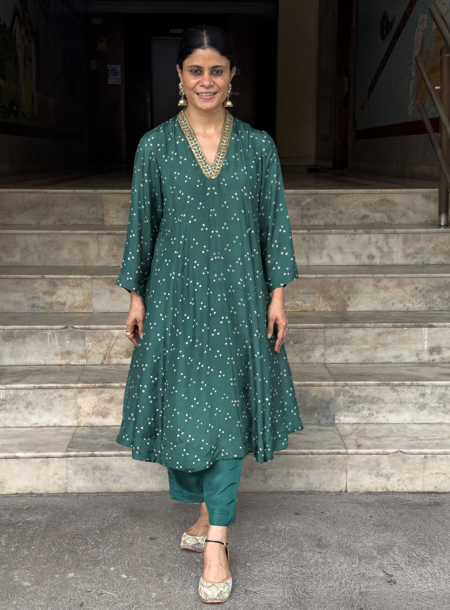 Handmade & Handembroidered Bandhini Silk Kurta set
