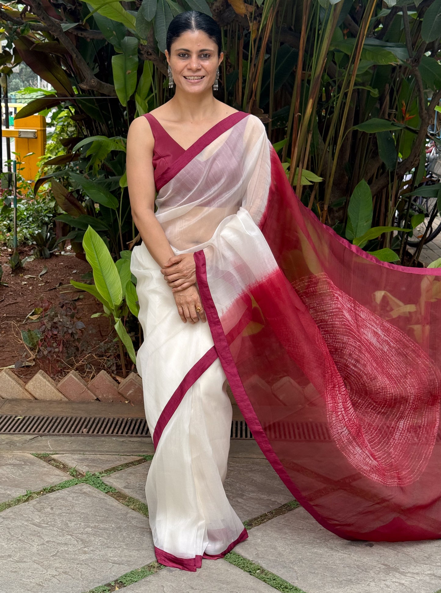 Handloom Organza Silk Saree in Handmade Arashi Shibori With Mulberry Silk Borders.