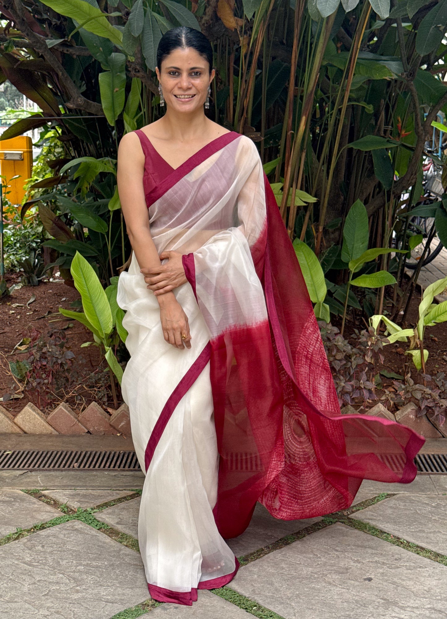 Handloom Organza Silk Saree in Handmade Arashi Shibori With Mulberry Silk Borders.