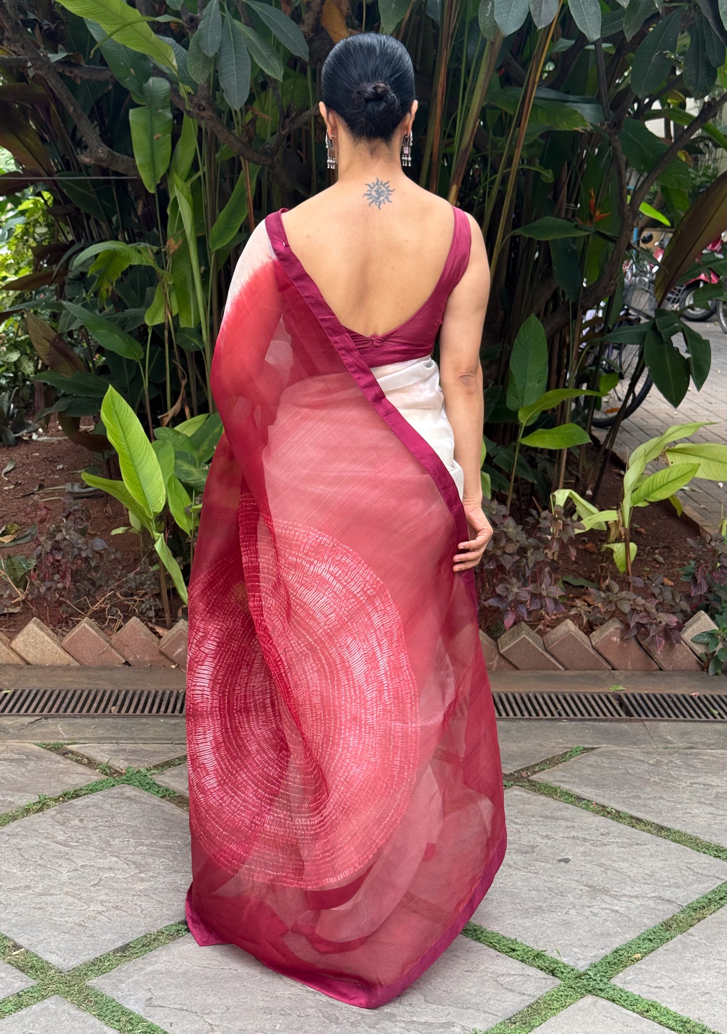 Handloom Organza Silk Saree in Handmade Arashi Shibori With Mulberry Silk Borders.