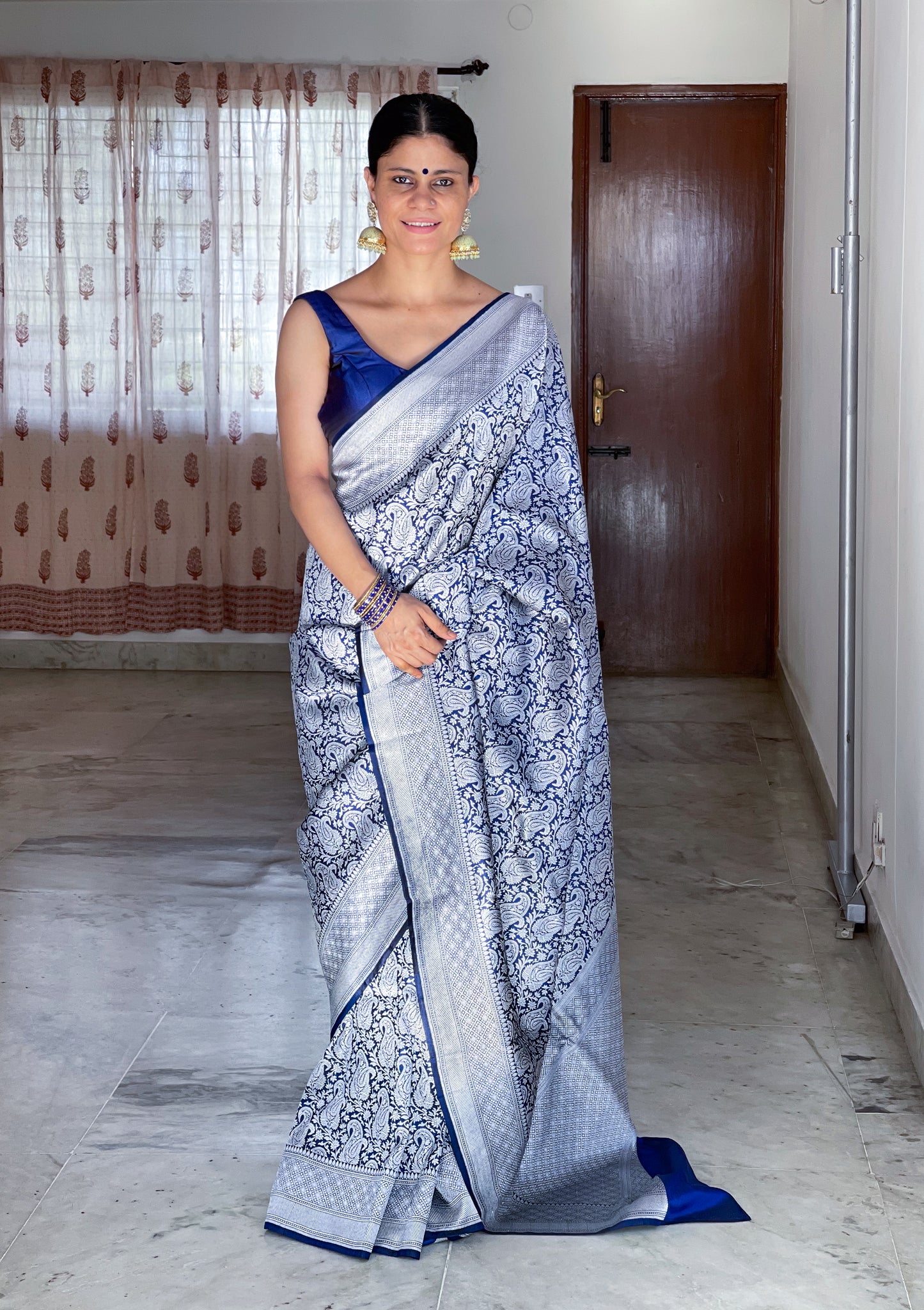 Blue Colour with Silver Handloom brocade Katan Silk Banarasi Saree