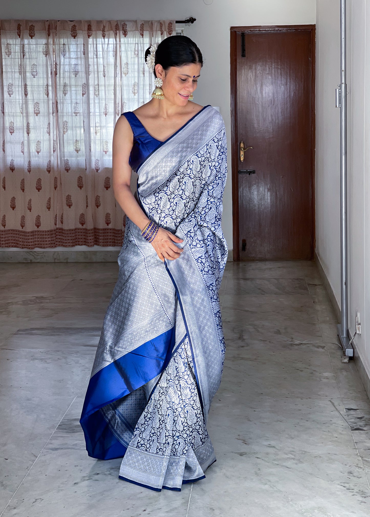 Blue Colour with Silver Handloom brocade Katan Silk Banarasi Saree
