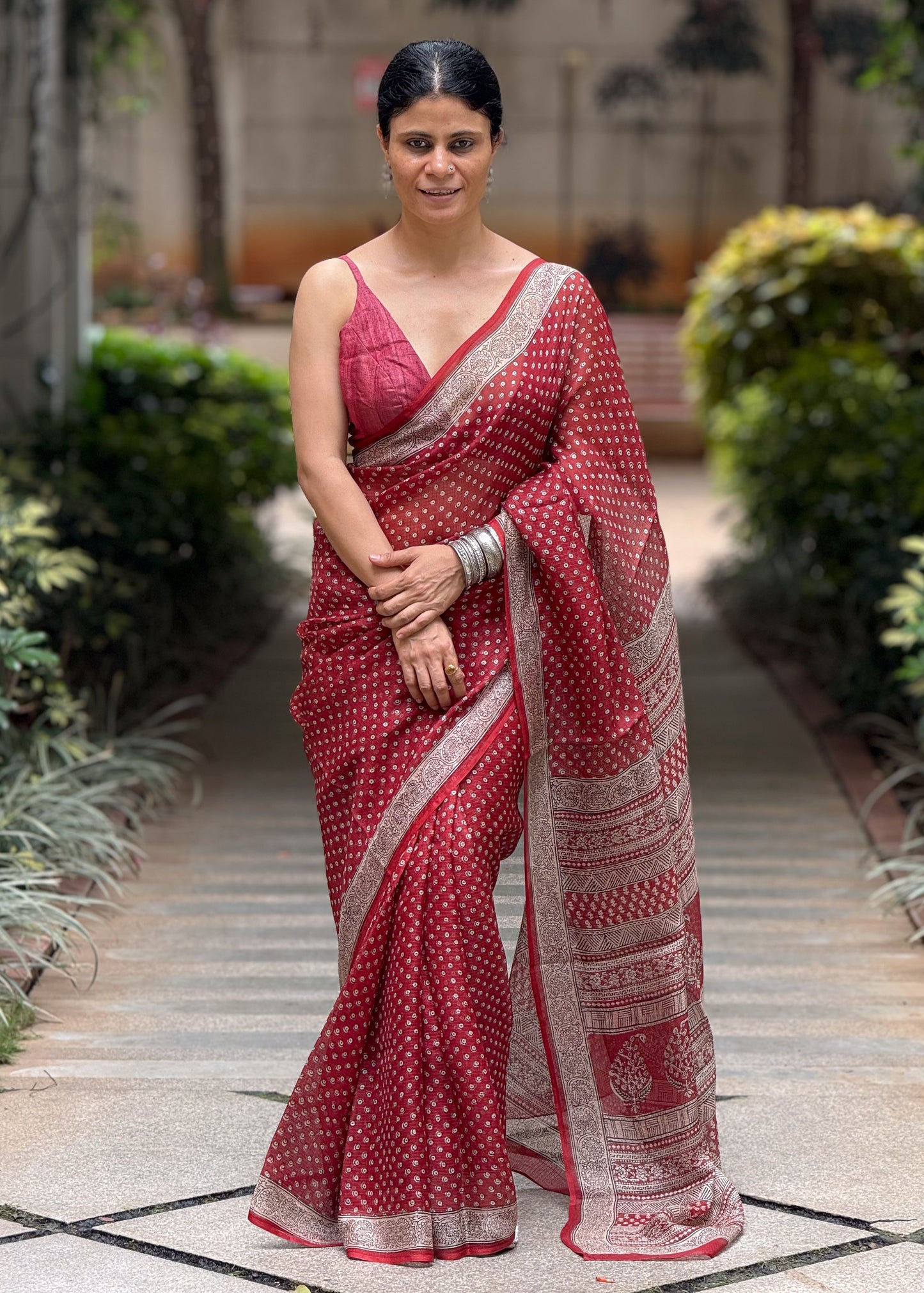 Handloom Kota Silk With Handblock Bagh Printed.