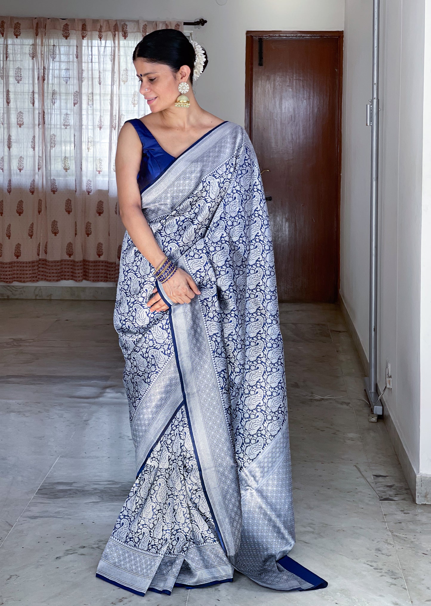 Blue Colour with Silver Handloom brocade Katan Silk Banarasi Saree