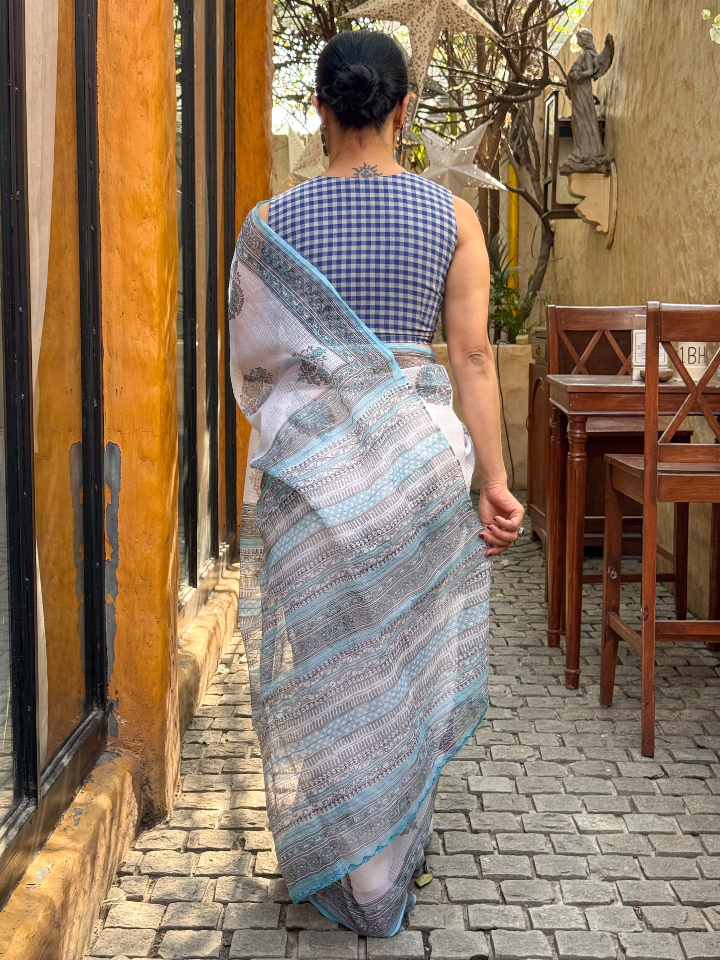 Handblock Printed Kota Dorai Saree With Hand Embroidered Running Stitch.