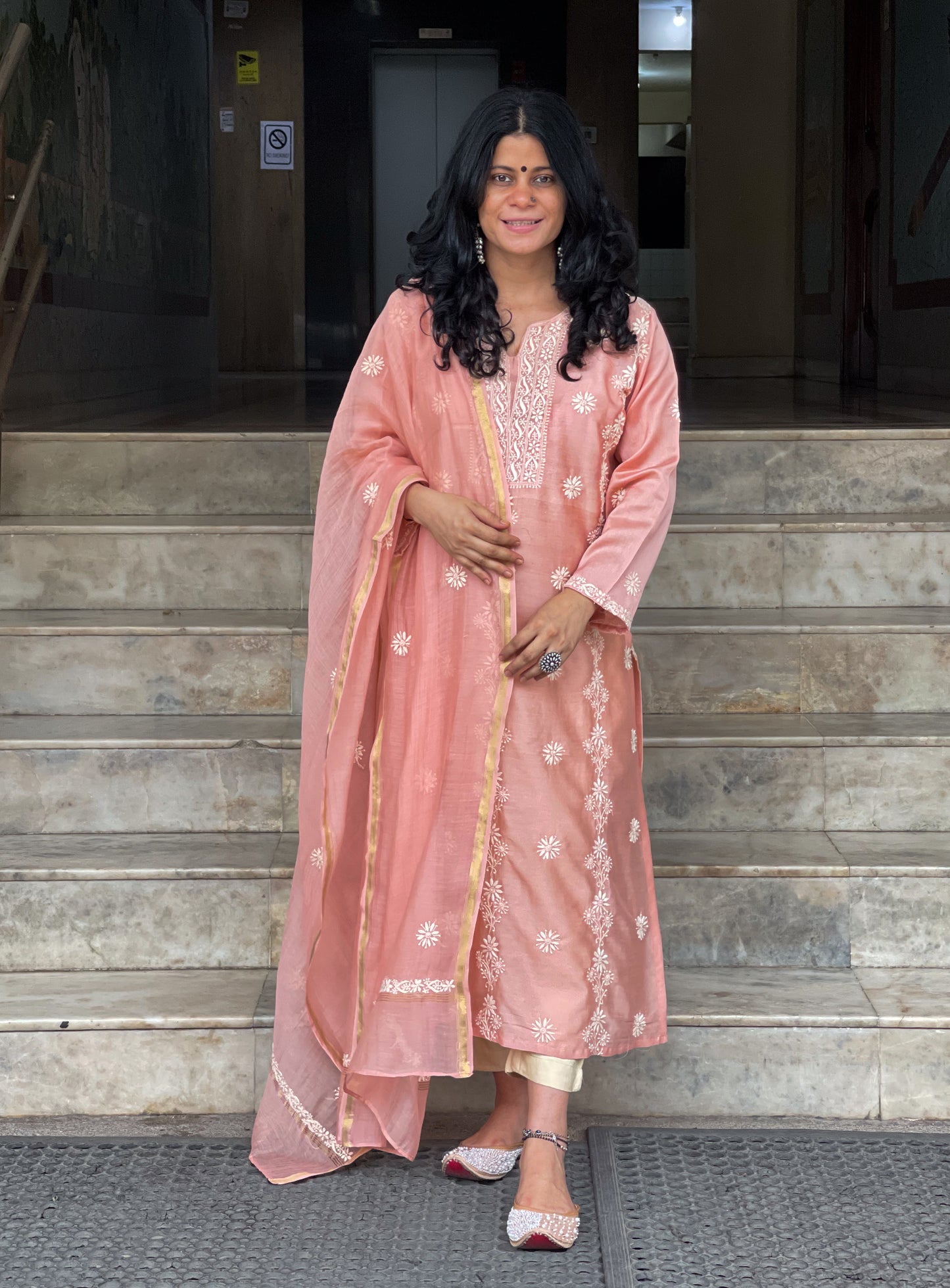 Handembroidered Chikankari Chanderi Silk Kurta With Dupatta