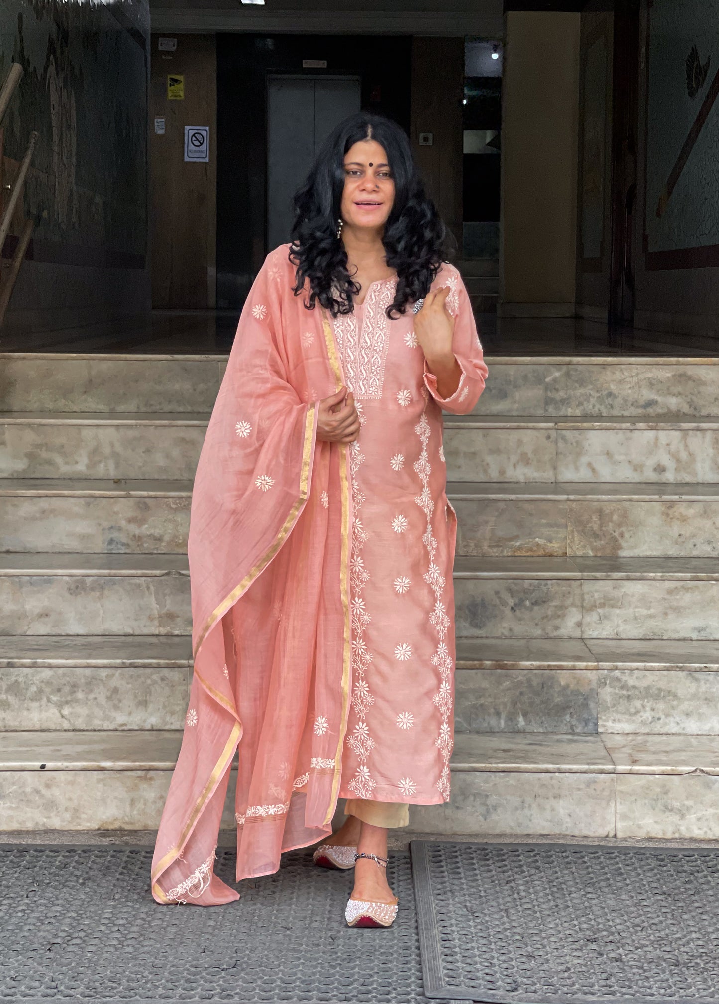 Handembroidered Chikankari Chanderi Silk Kurta With Dupatta