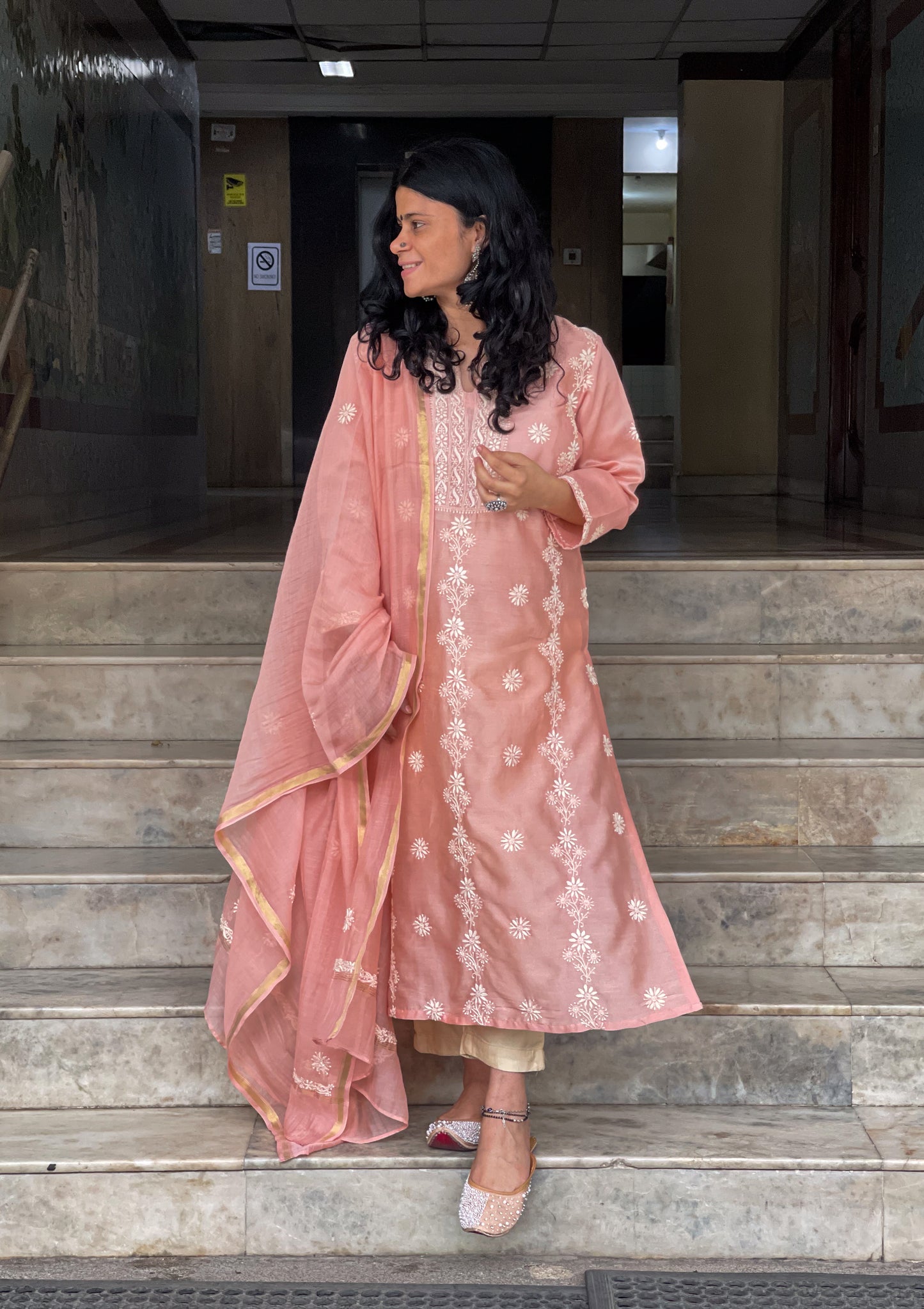 Handembroidered Chikankari Chanderi Silk Kurta With Dupatta