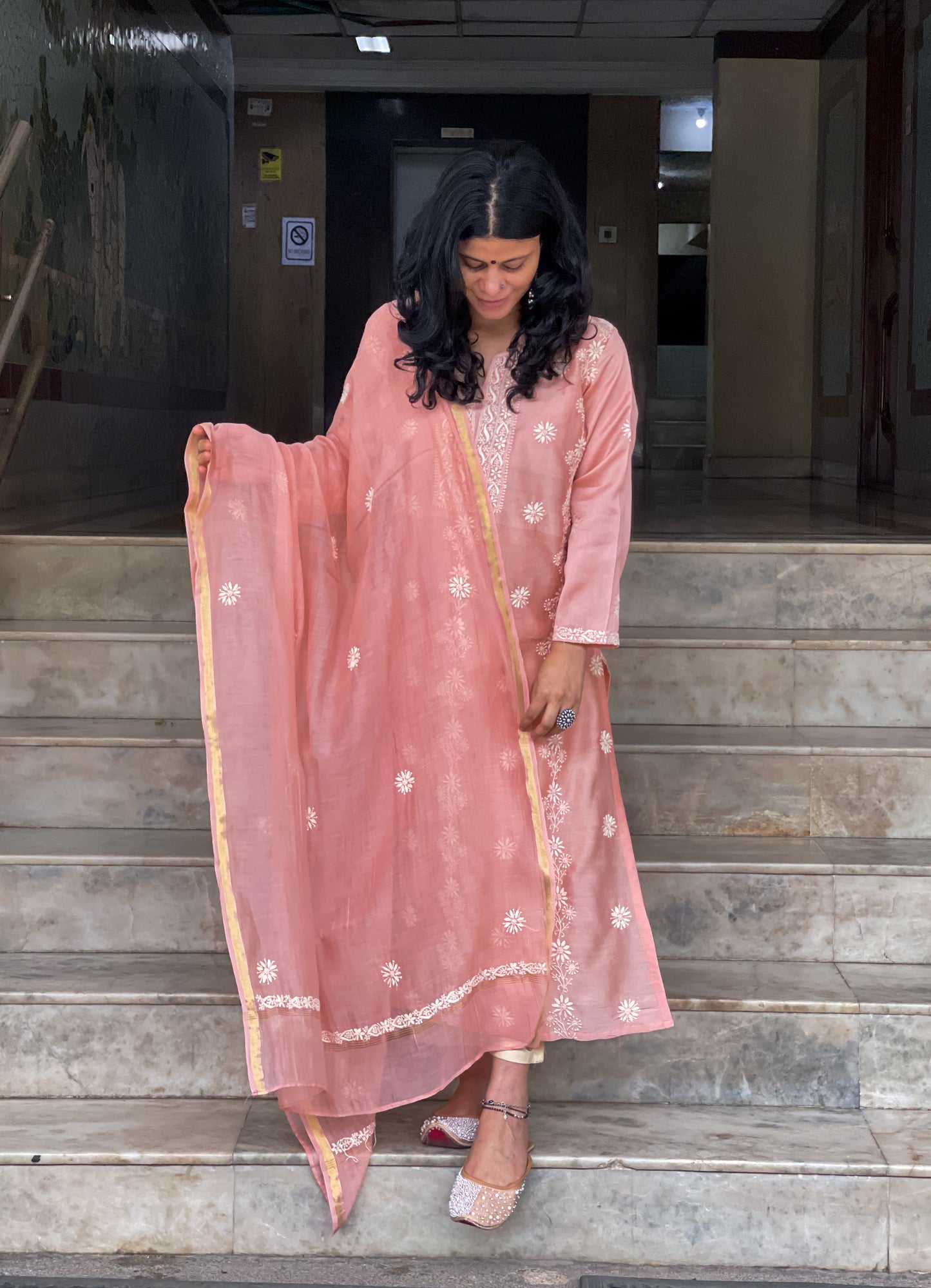 Handembroidered Chikankari Chanderi Silk Kurta With Dupatta