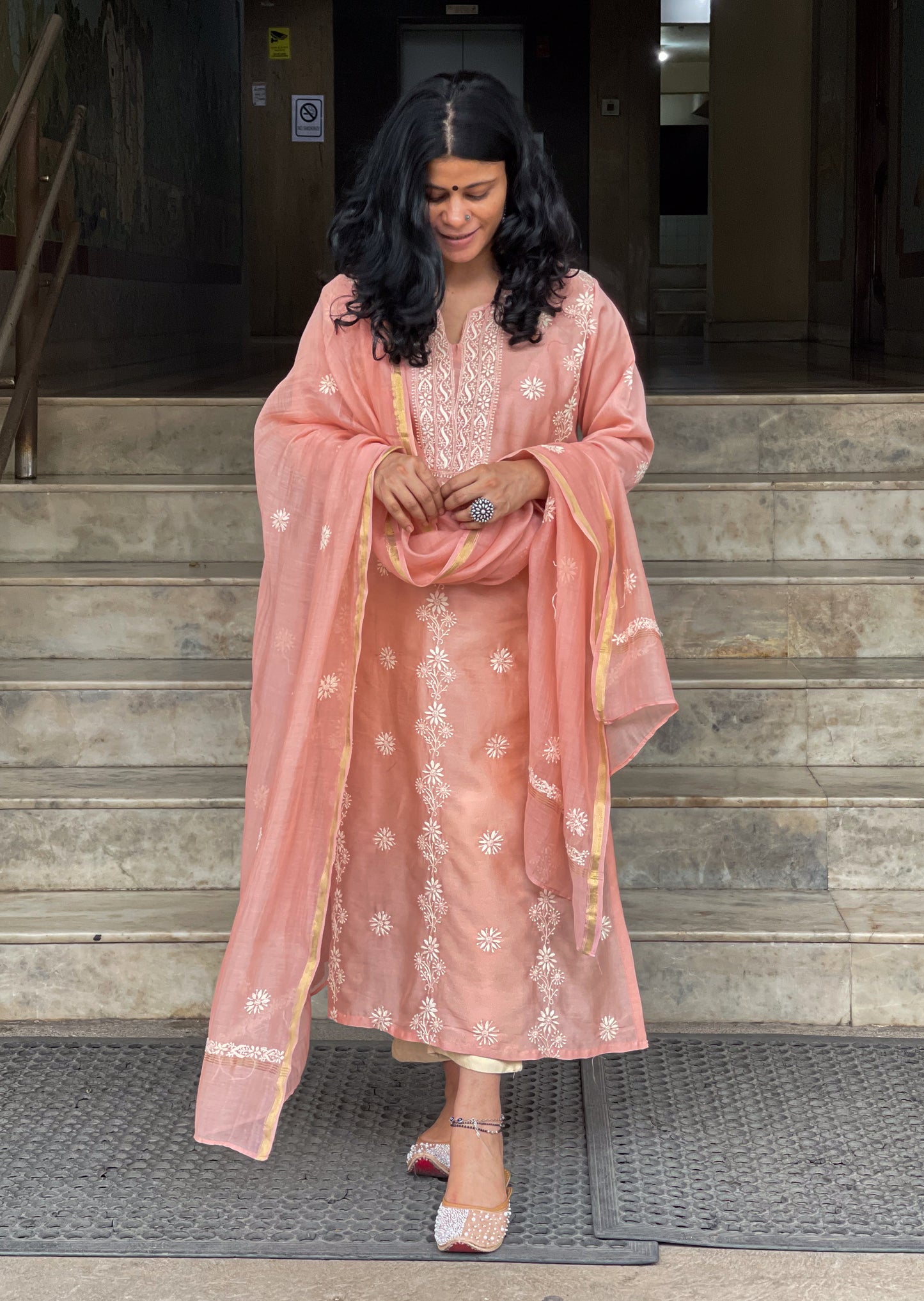 Handembroidered Chikankari Chanderi Silk Kurta With Dupatta