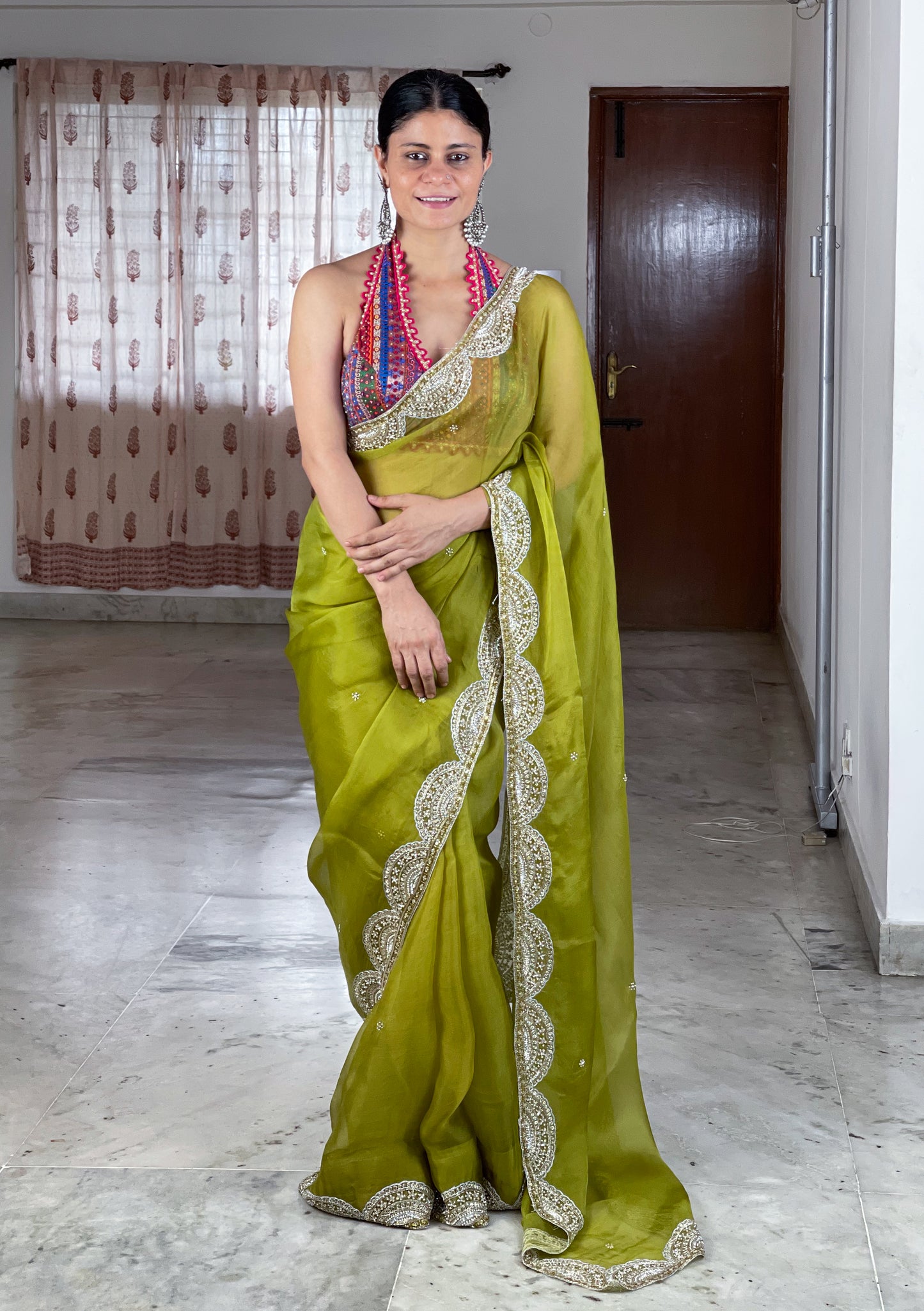 Zardosi and Sequence and Beads Hand Embroidered Handloom Organza Silk Saree
