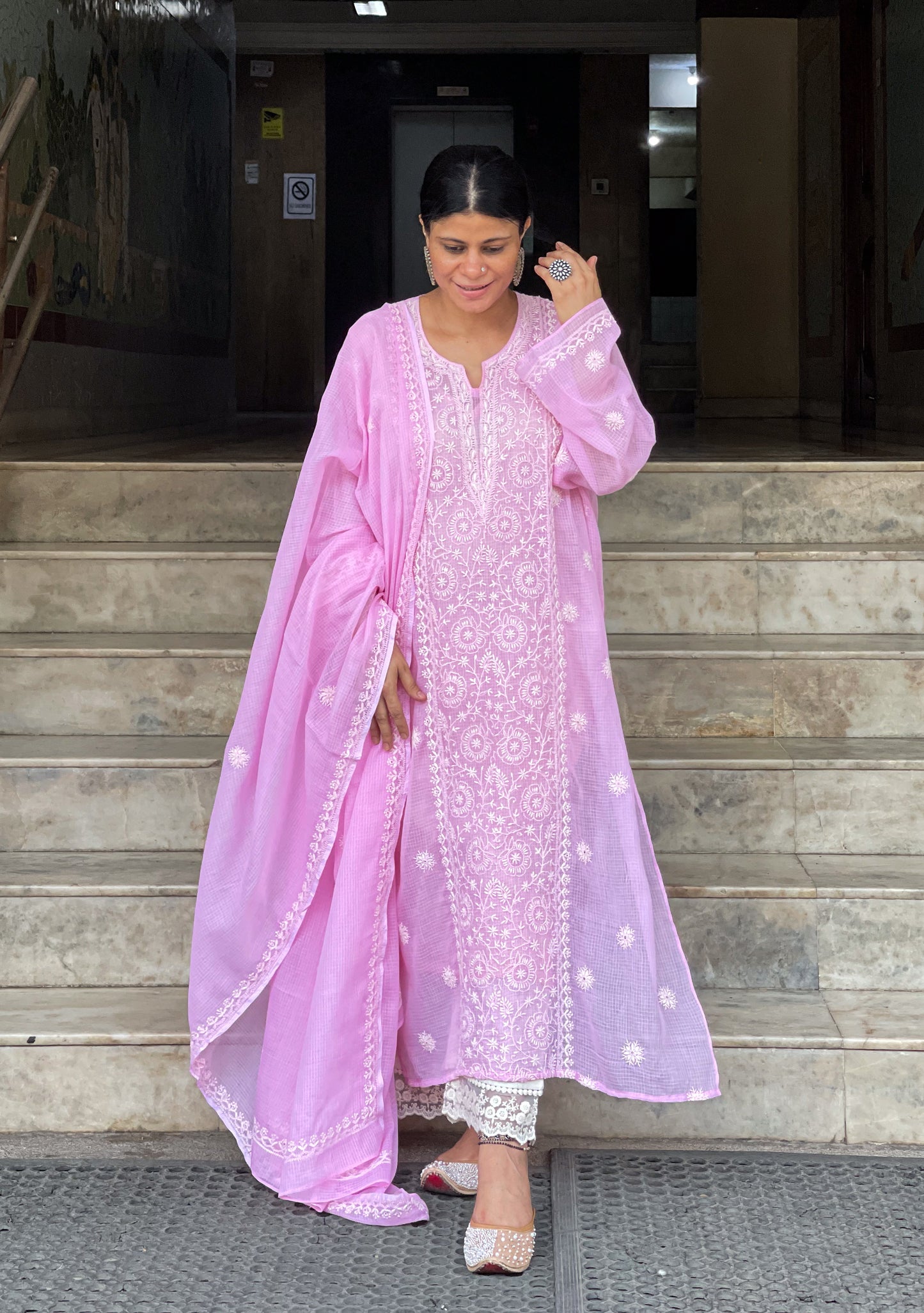 Handembroidered Chikankari Kota Doria Cotton Kurta With Lining and dupatta