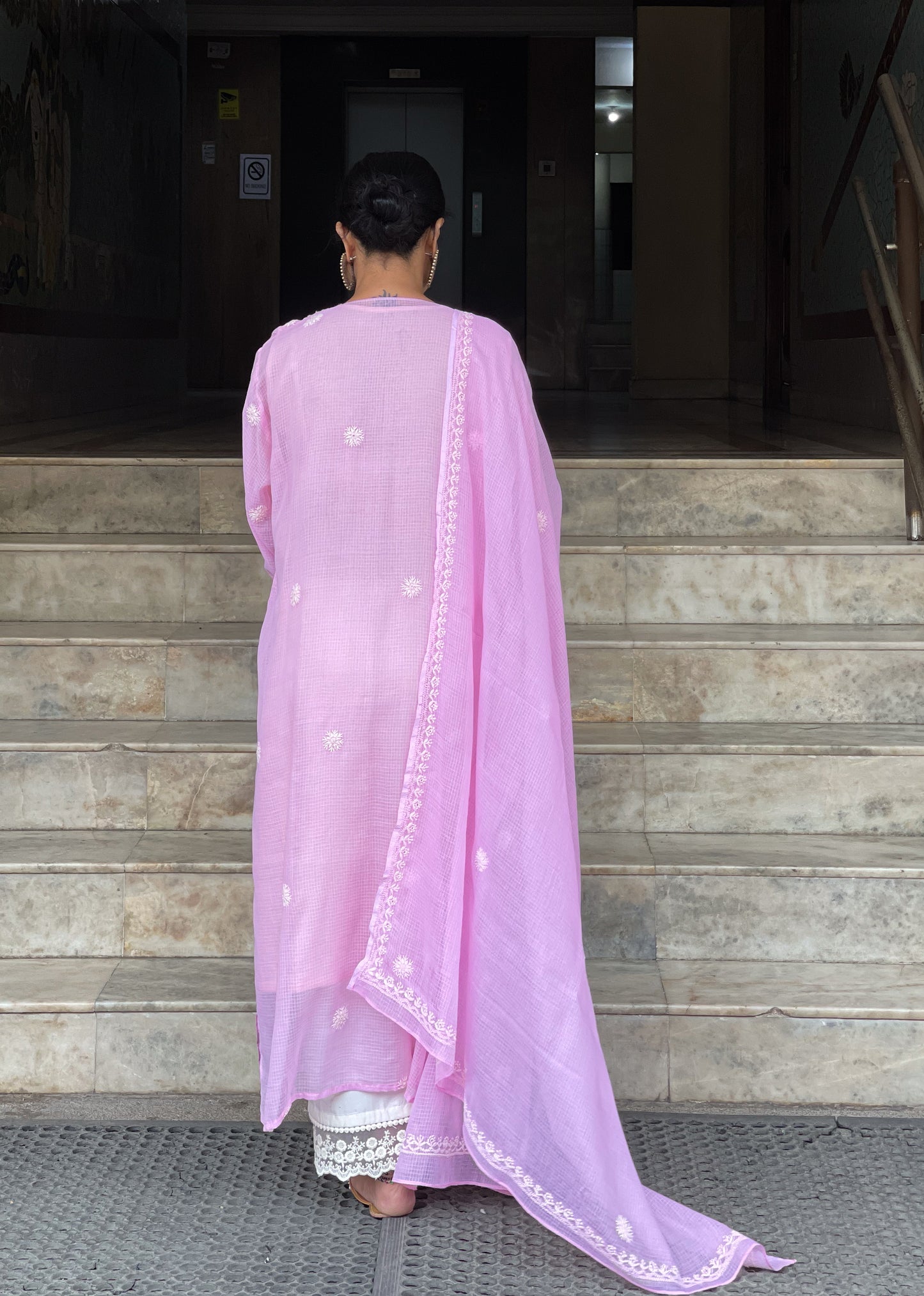 Handembroidered Chikankari Kota Doria Cotton Kurta With Lining and dupatta