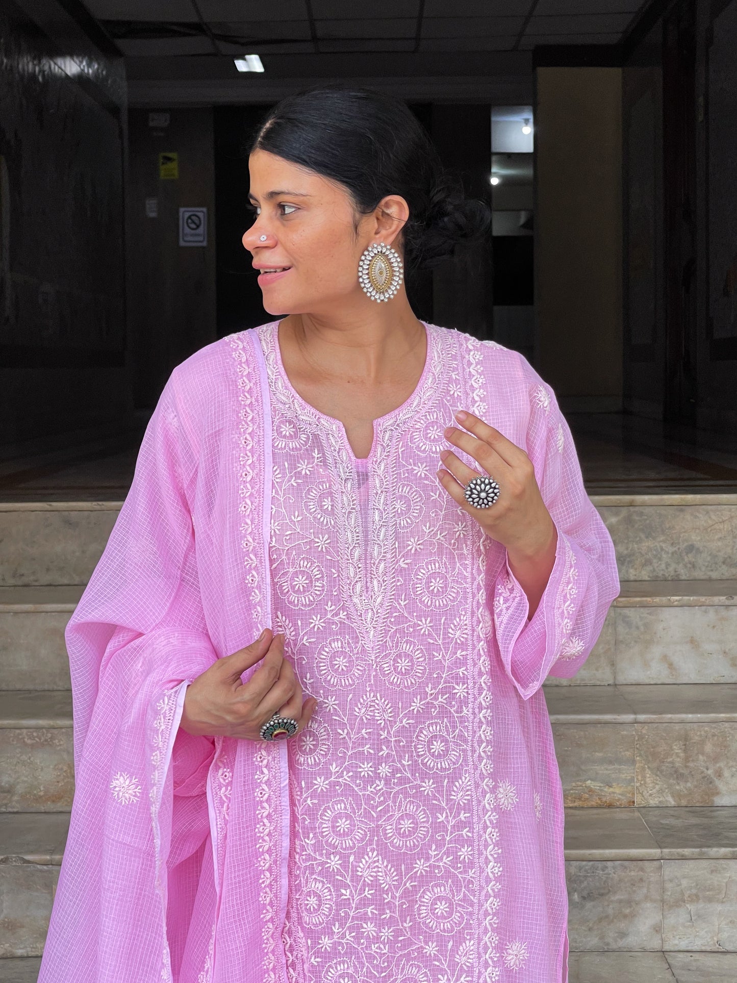 Handembroidered Chikankari Kota Doria Cotton Kurta With Lining and dupatta