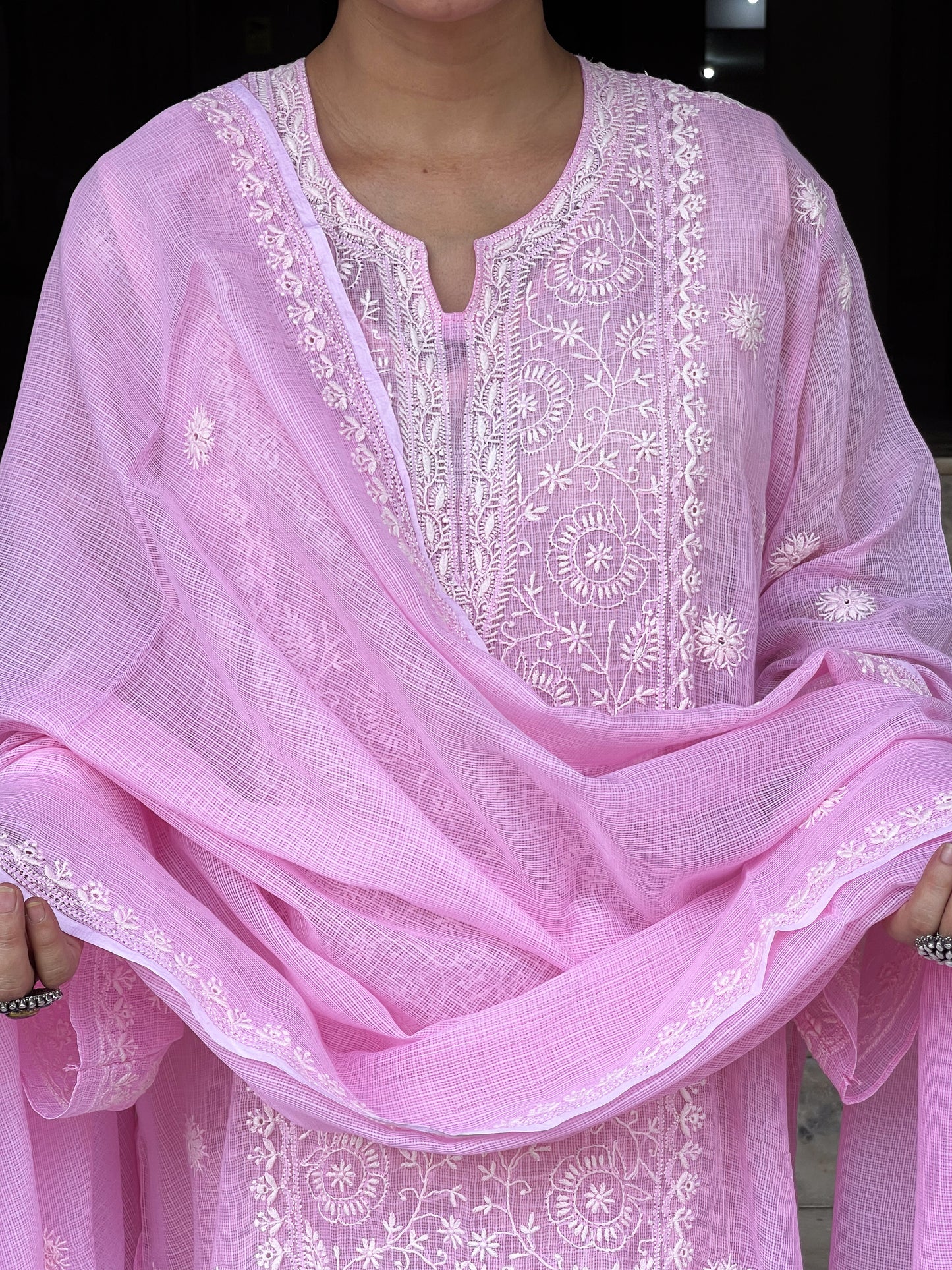 Handembroidered Chikankari Kota Doria Cotton Kurta With Lining and dupatta