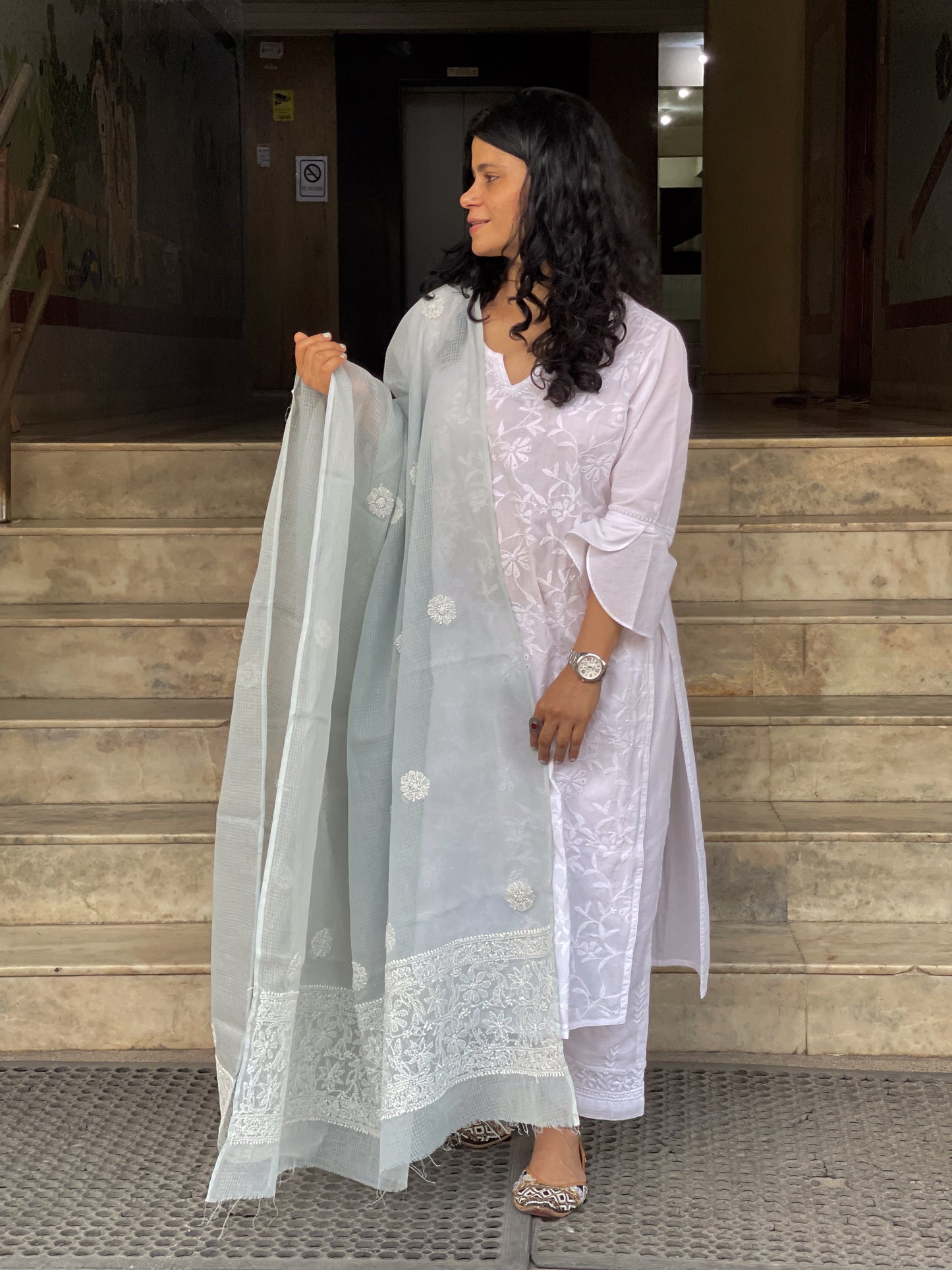 Hand Embroidered Chikankari Kota Doria Dupatta