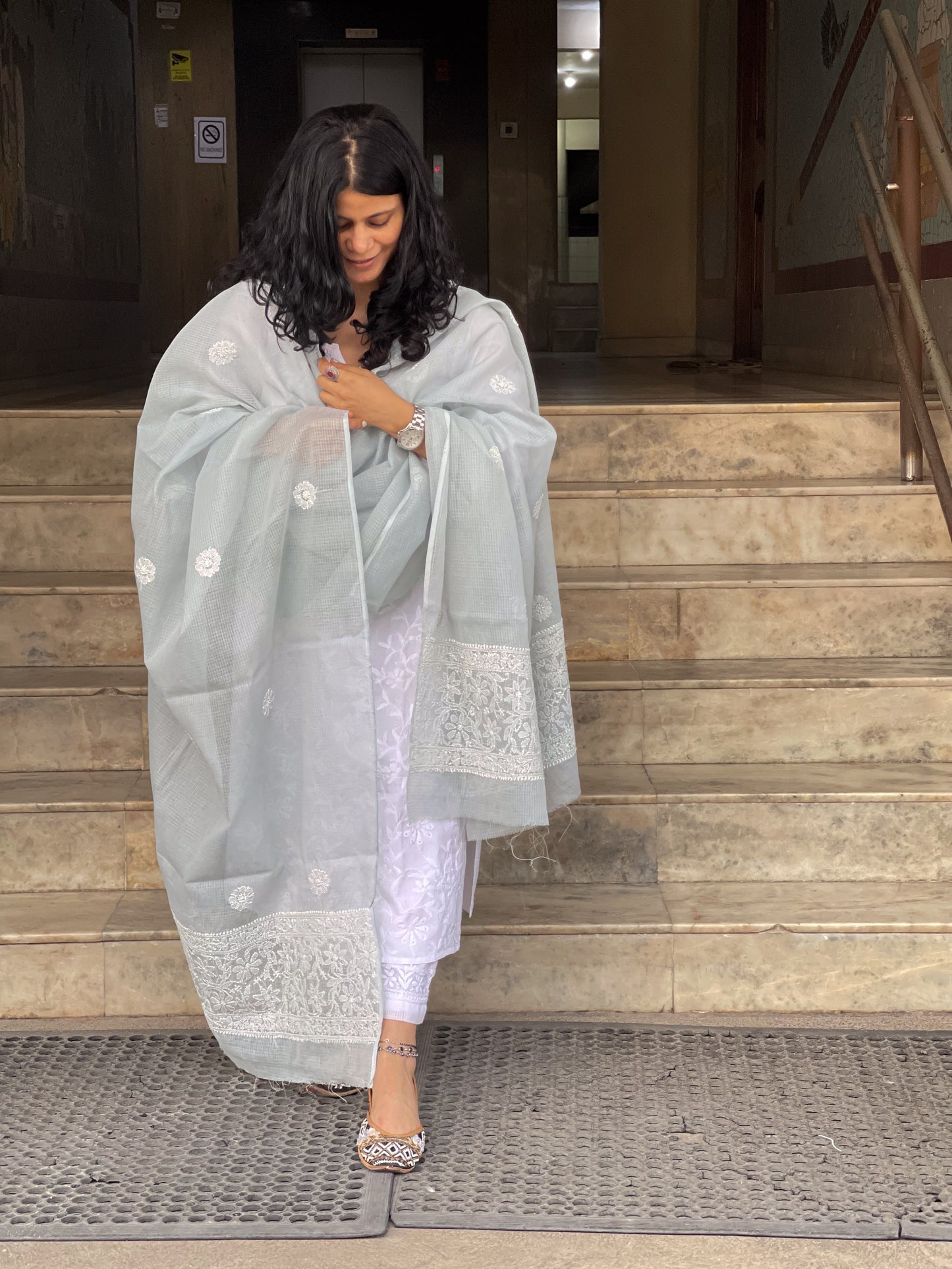 Hand Embroidered Chikankari Kota Doria Dupatta