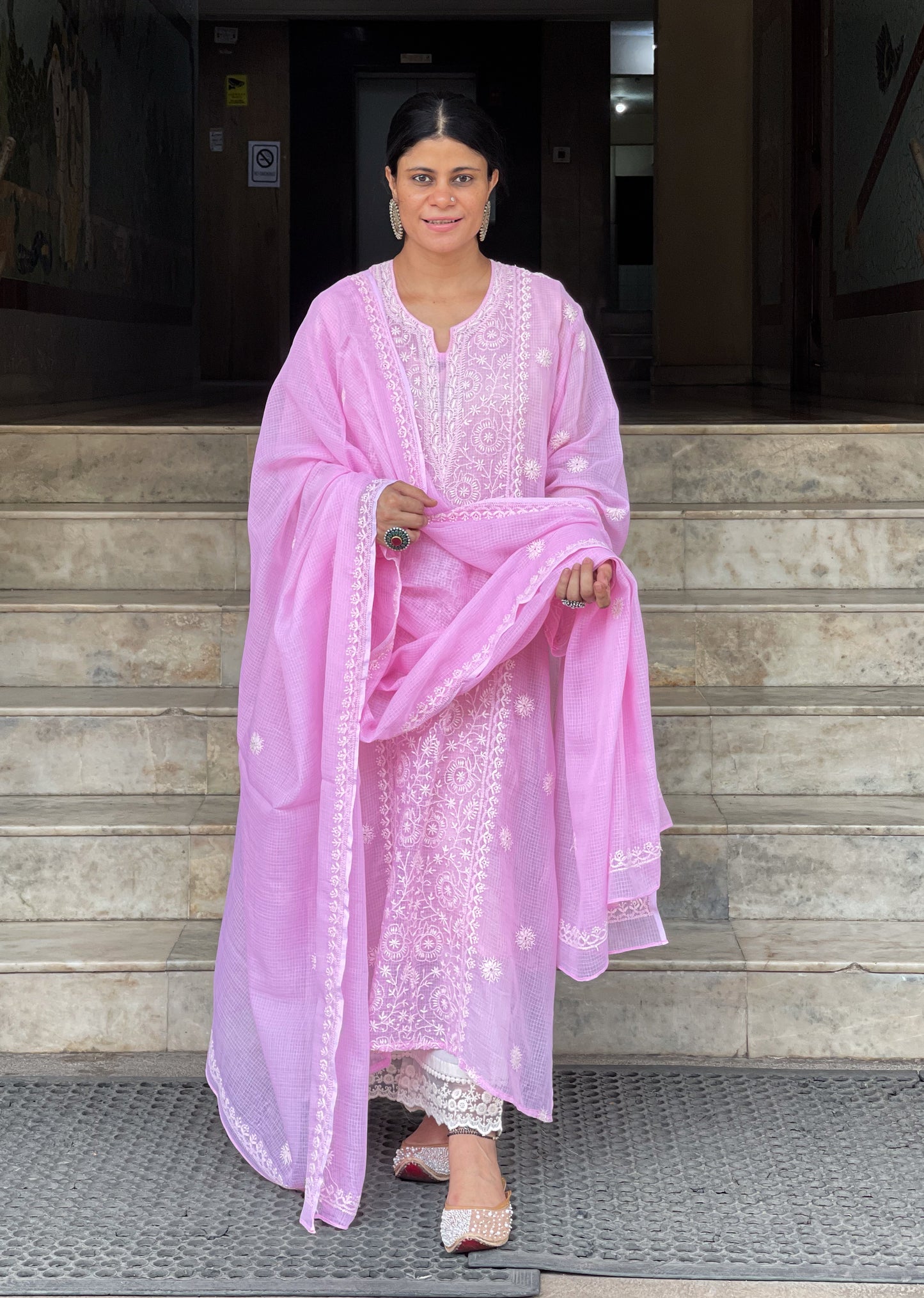 Handembroidered Chikankari Kota Doria Cotton Kurta With Lining and dupatta