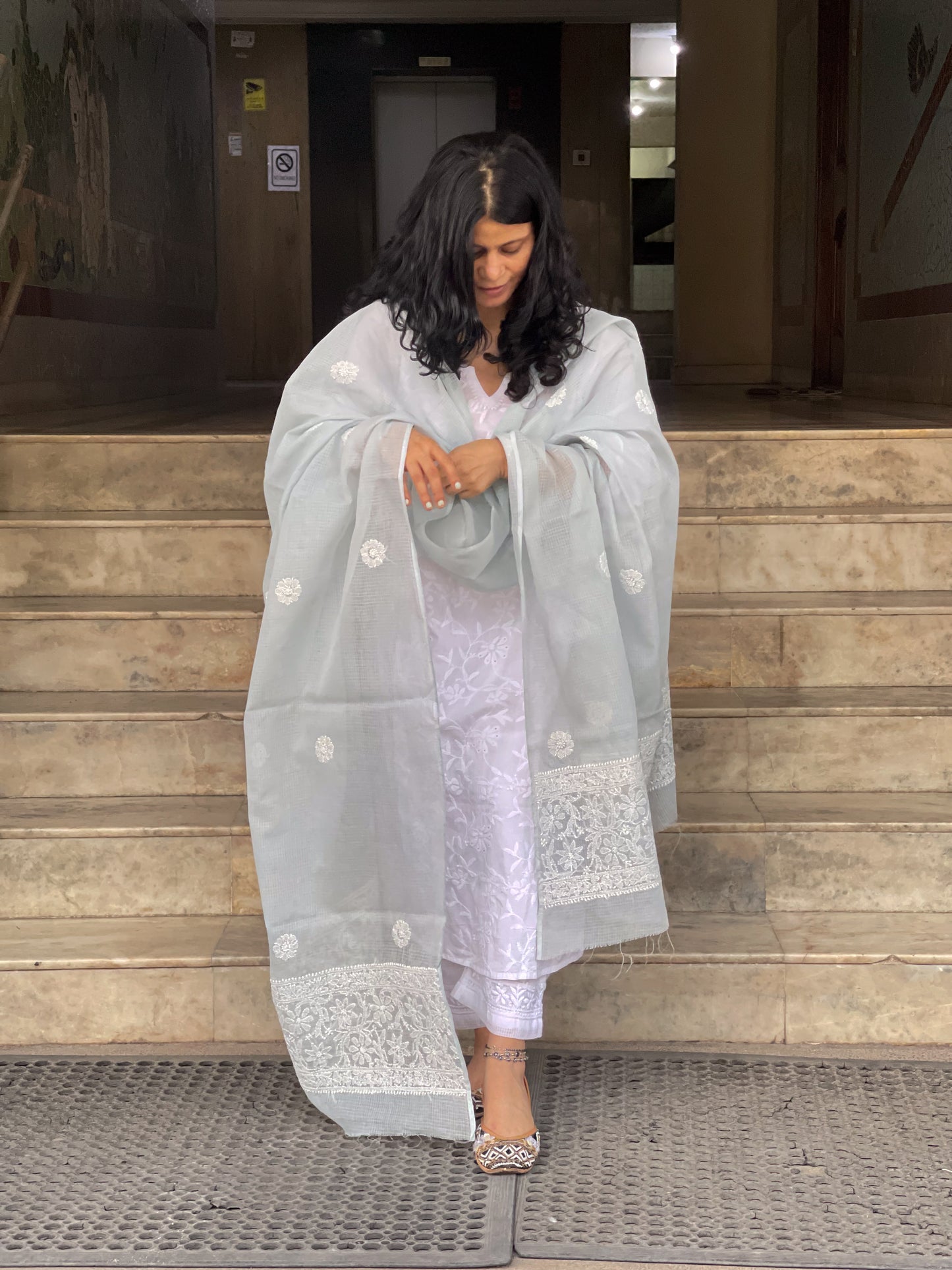 Hand Embroidered Chikankari Kota Doria Dupatta