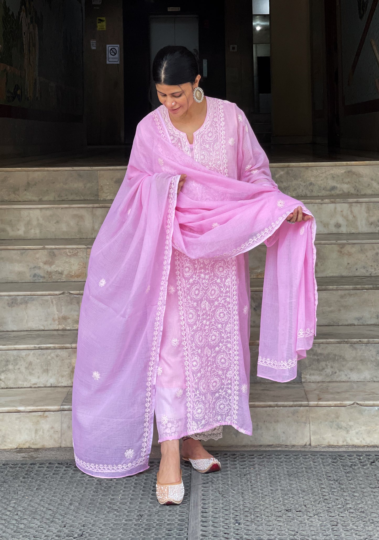 Handembroidered Chikankari Kota Doria Cotton Kurta With Lining and dupatta