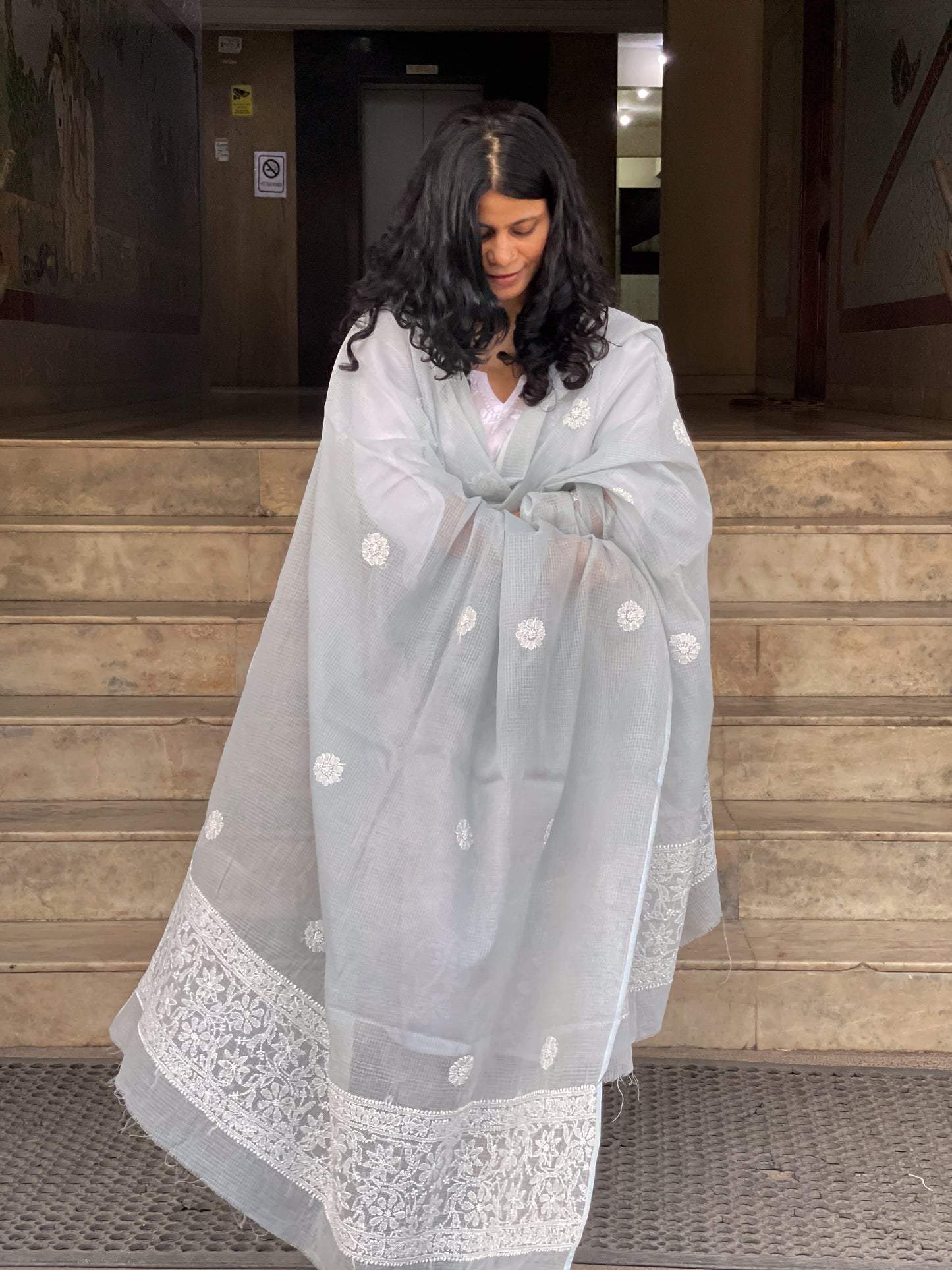 Hand Embroidered Chikankari Kota Doria Dupatta