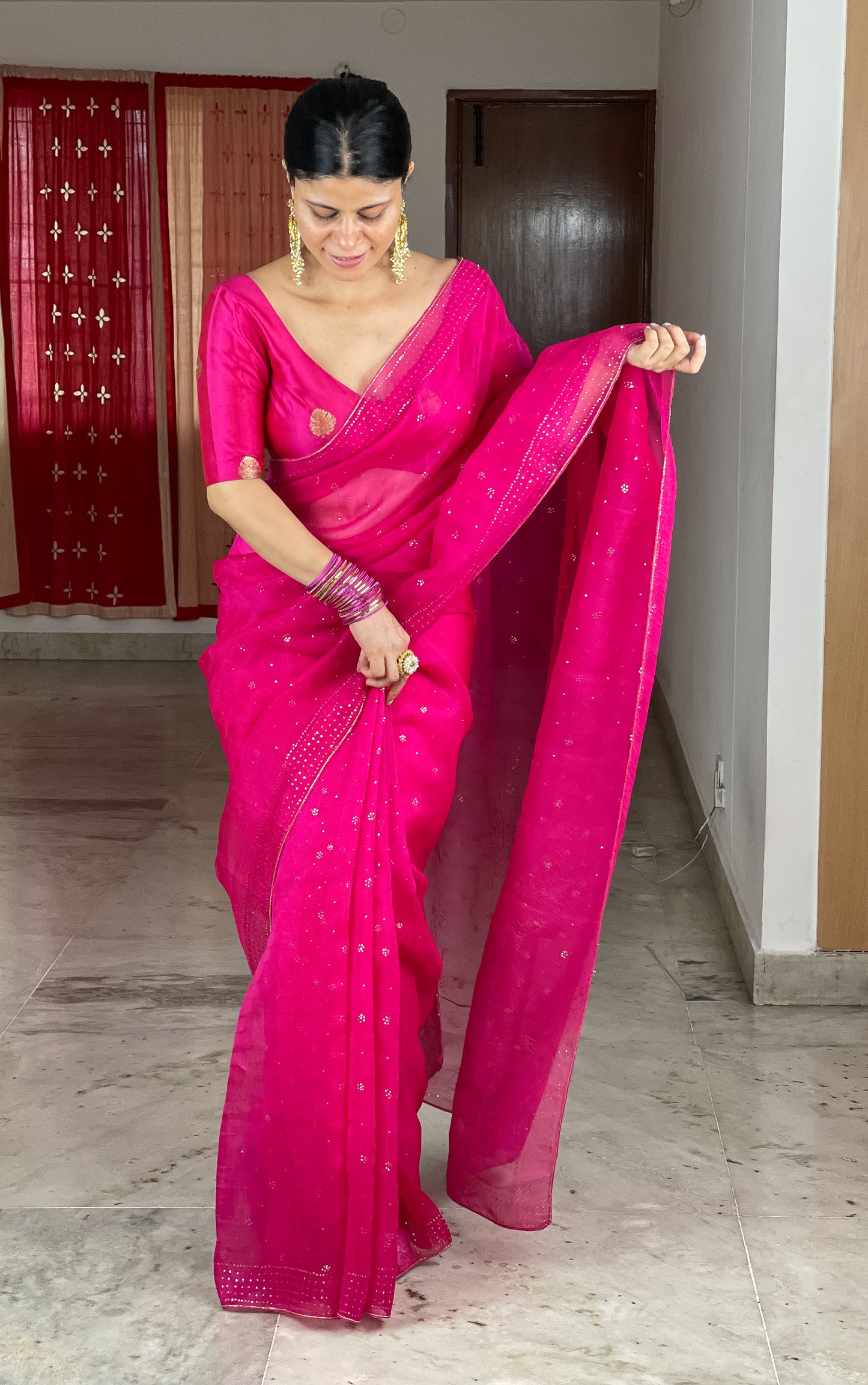 Handloom & Handembroidered Mukaish and Kaddana Organza Silk saree