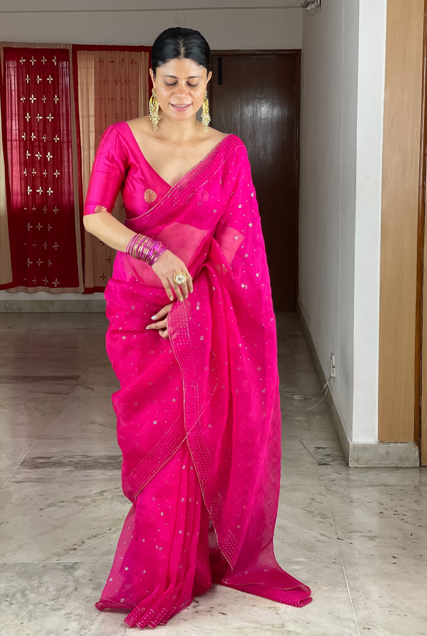 Handloom & Handembroidered Mukaish and Kaddana Organza Silk saree