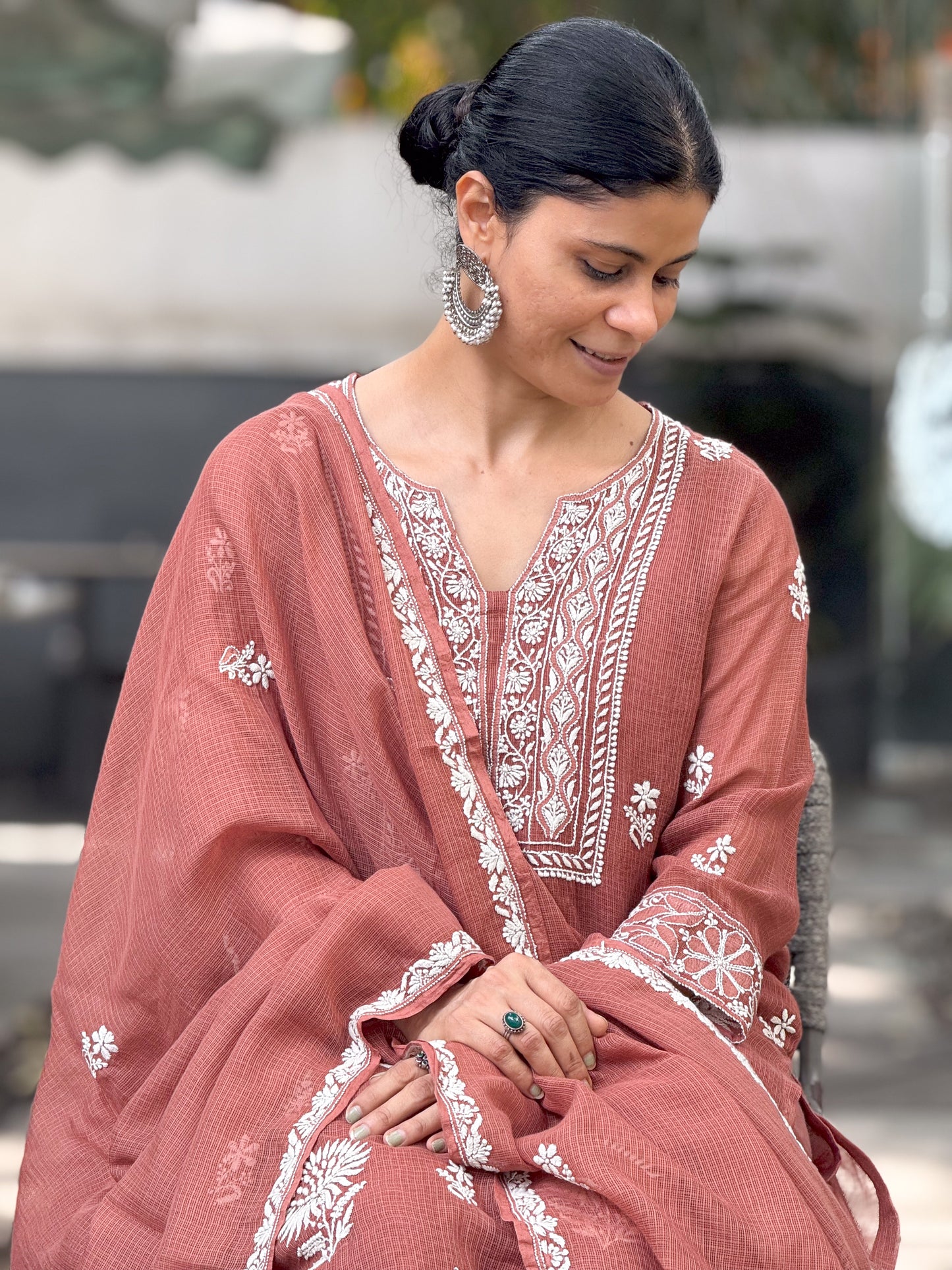 Hand Embroidered Chikankari Tussar silk Kurta With Dupatta